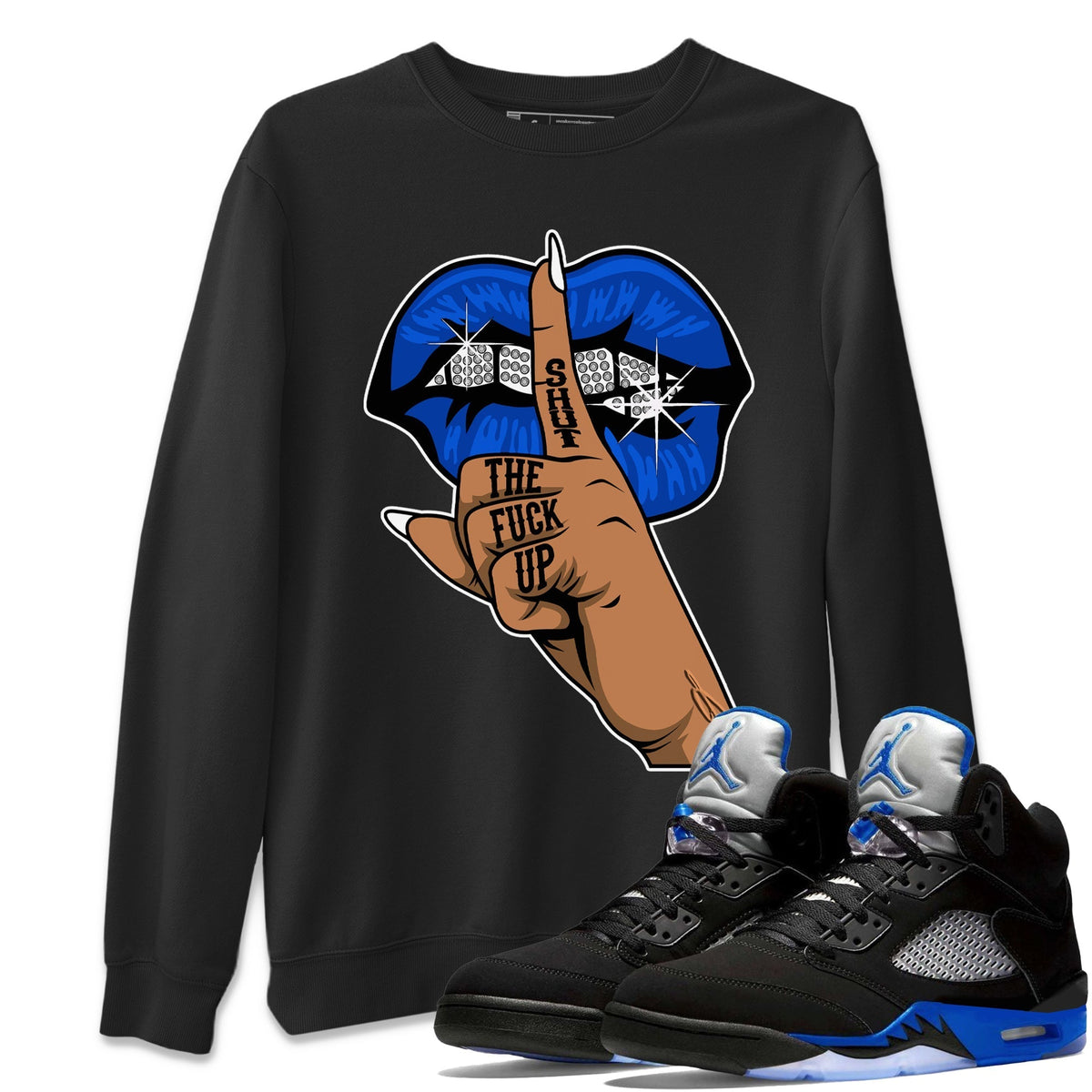 Jordan 5 Racer Blue Sneaker Matching T-Shirt Lips Hand Sneaker Tees Jordan 5 Racer Blue Sneaker Release Tees Crew Neck Tees