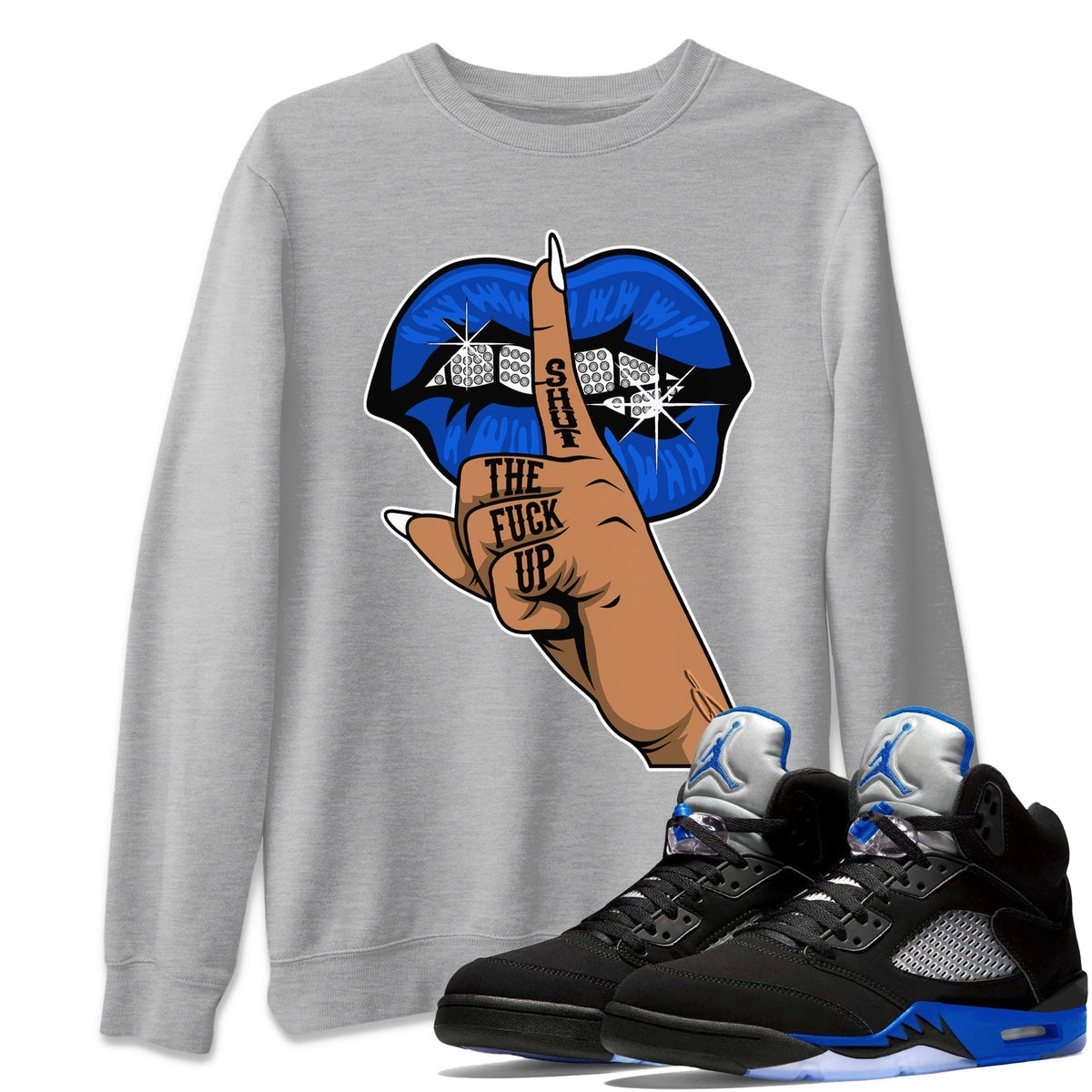 Jordan 5 Racer Blue Sneaker Matching T-Shirt Lips Hand Sneaker Tees Jordan 5 Racer Blue Sneaker Release Tees Crew Neck Tees