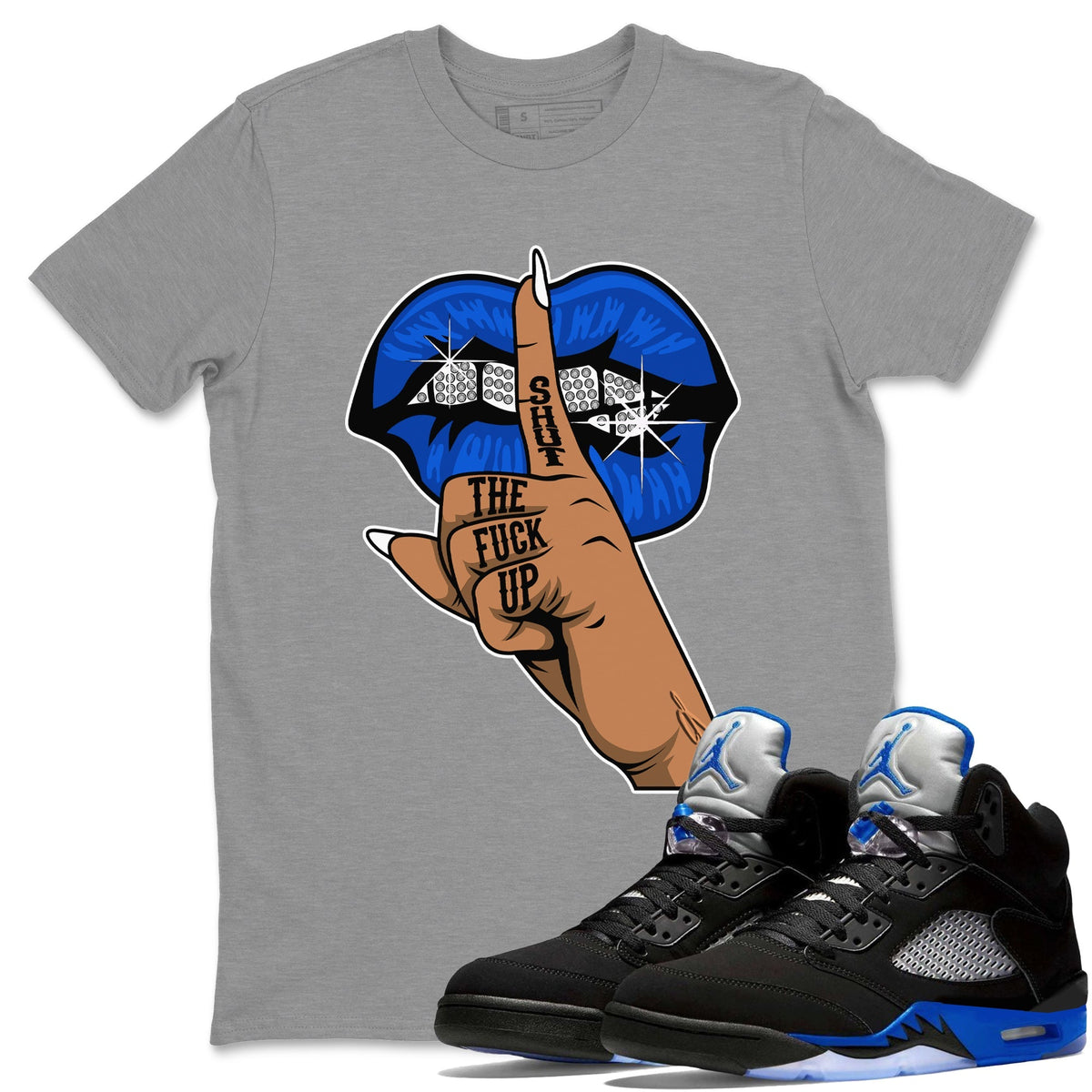 Jordan 5 Racer Blue Sneaker Matching T-Shirt Lips Hand Sneaker Tees Jordan 5 Racer Blue Sneaker Release Tees Crew Neck Tees