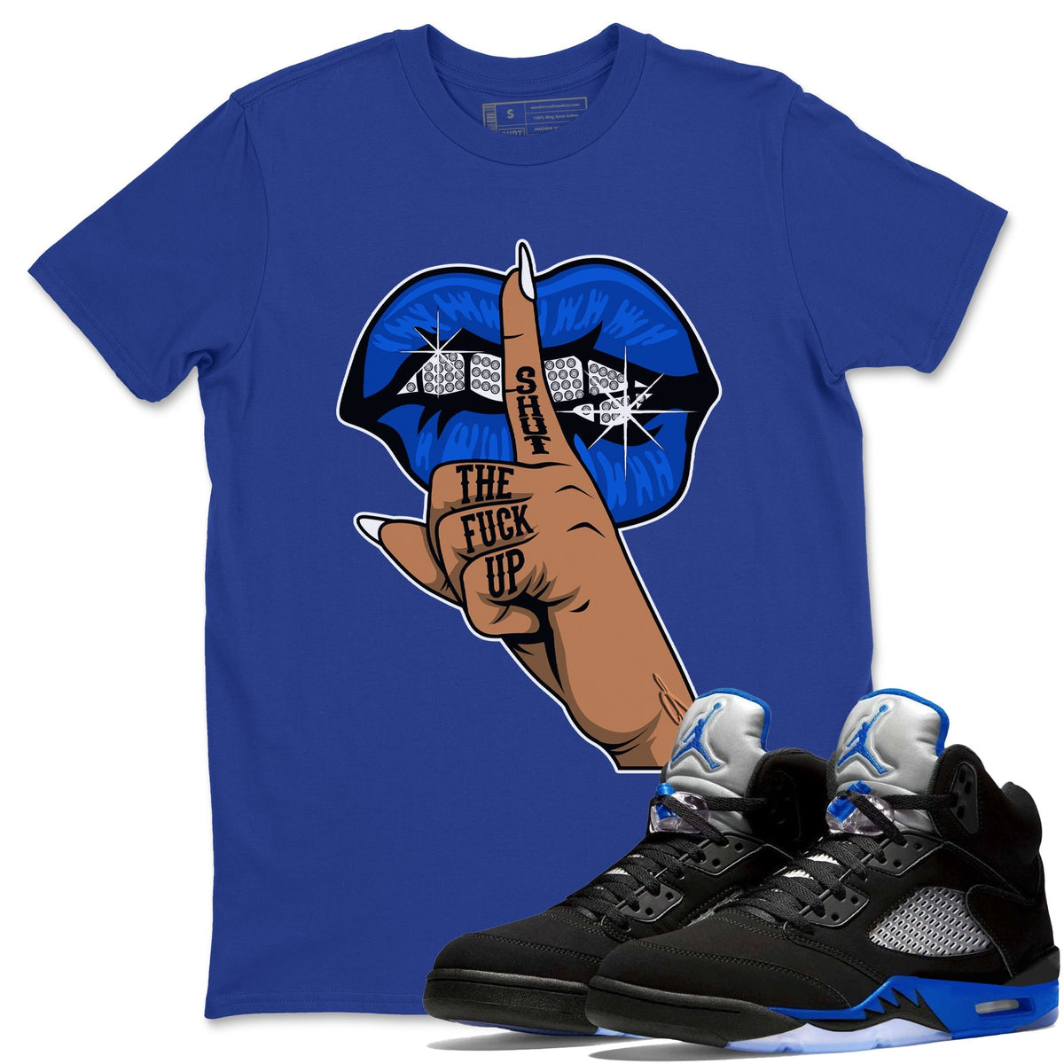 Jordan 5 Racer Blue Sneaker Matching T-Shirt Lips Hand Sneaker Tees Jordan 5 Racer Blue Sneaker Release Tees Crew Neck Tees