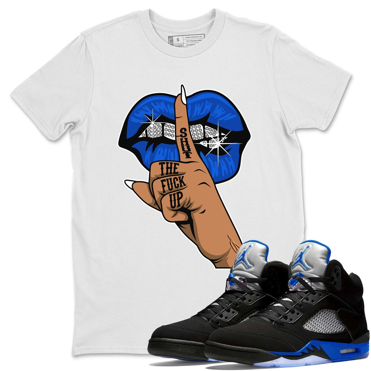 Jordan 5 Racer Blue Sneaker Matching T-Shirt Lips Hand Sneaker Tees Jordan 5 Racer Blue Sneaker Release Tees Crew Neck Tees