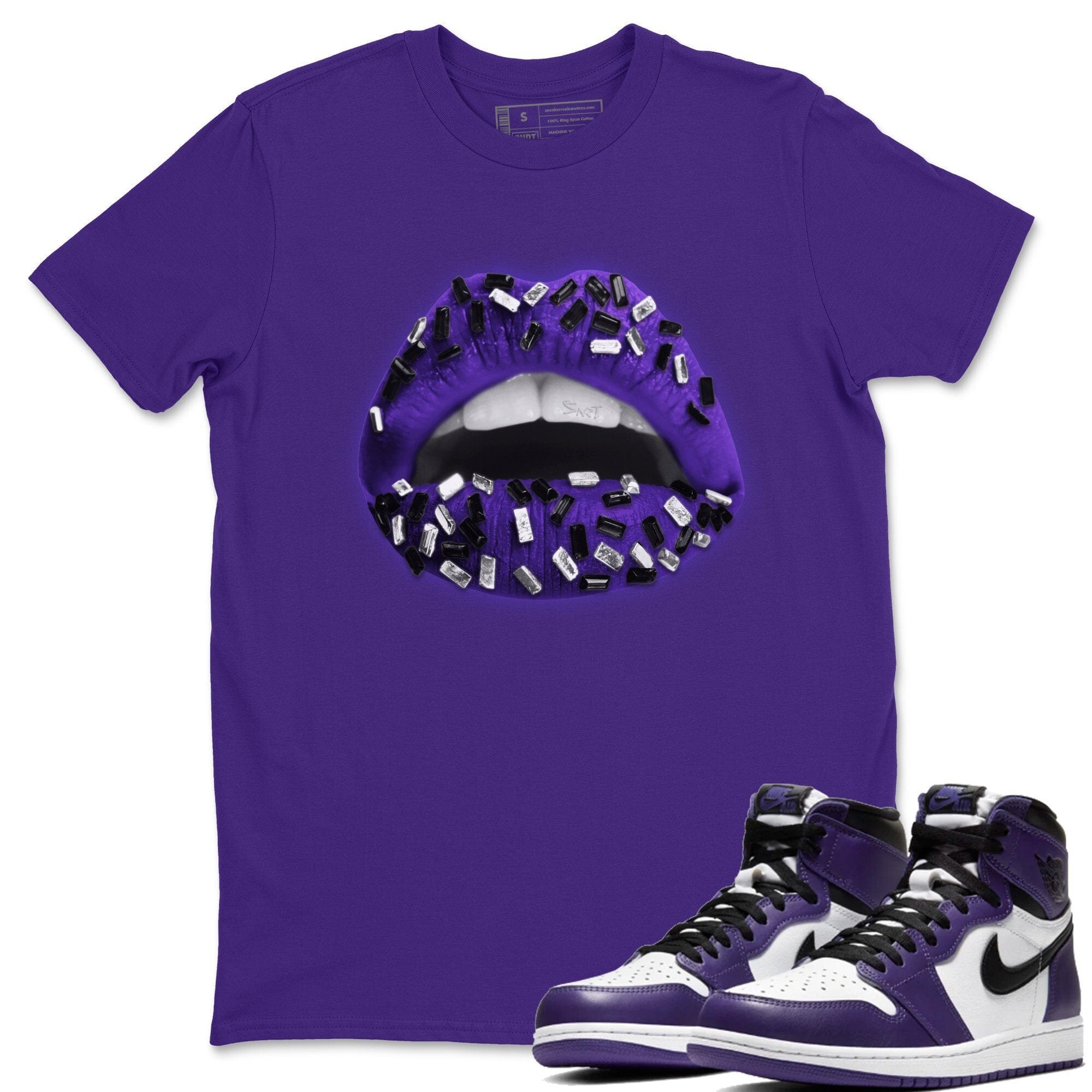 Jordan 1 Court Purple Sneaker Matching T-Shirt Lips Jewel Sneaker Tees Jordan 1 Court Purple Sneaker Release Tees Crew Neck Tees