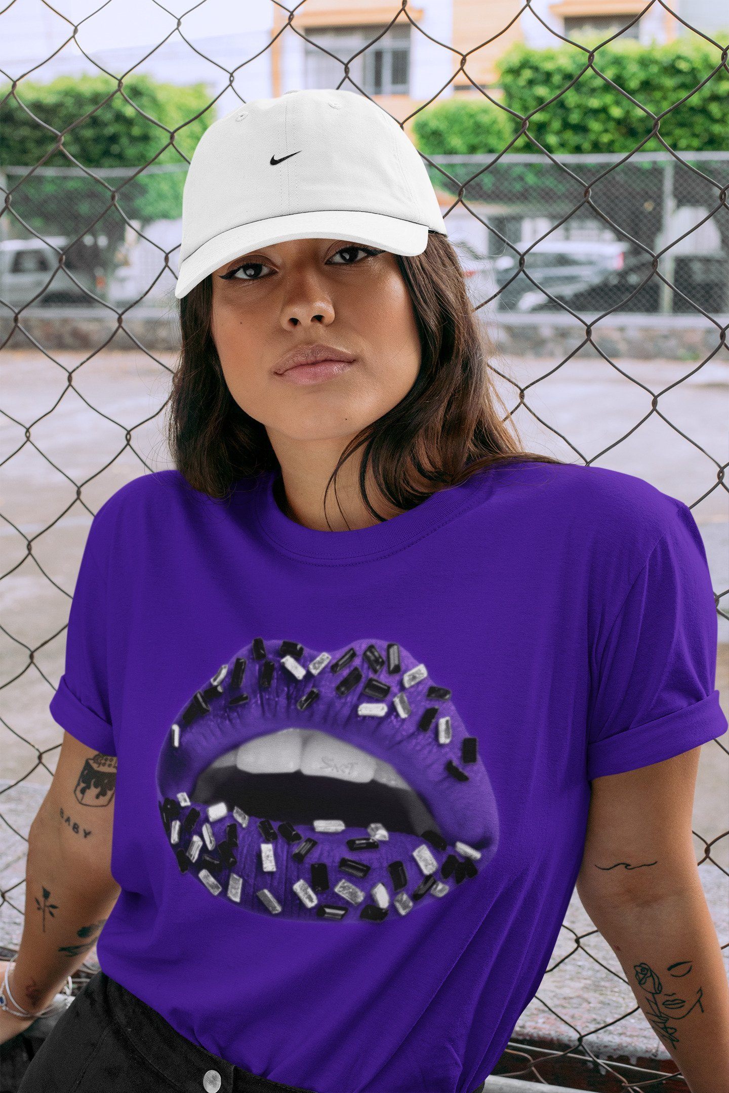 Jordan 1 Court Purple Sneaker Matching T-Shirt Lips Jewel Sneaker Tees Jordan 1 Court Purple Sneaker Release Tees Crew Neck Tees