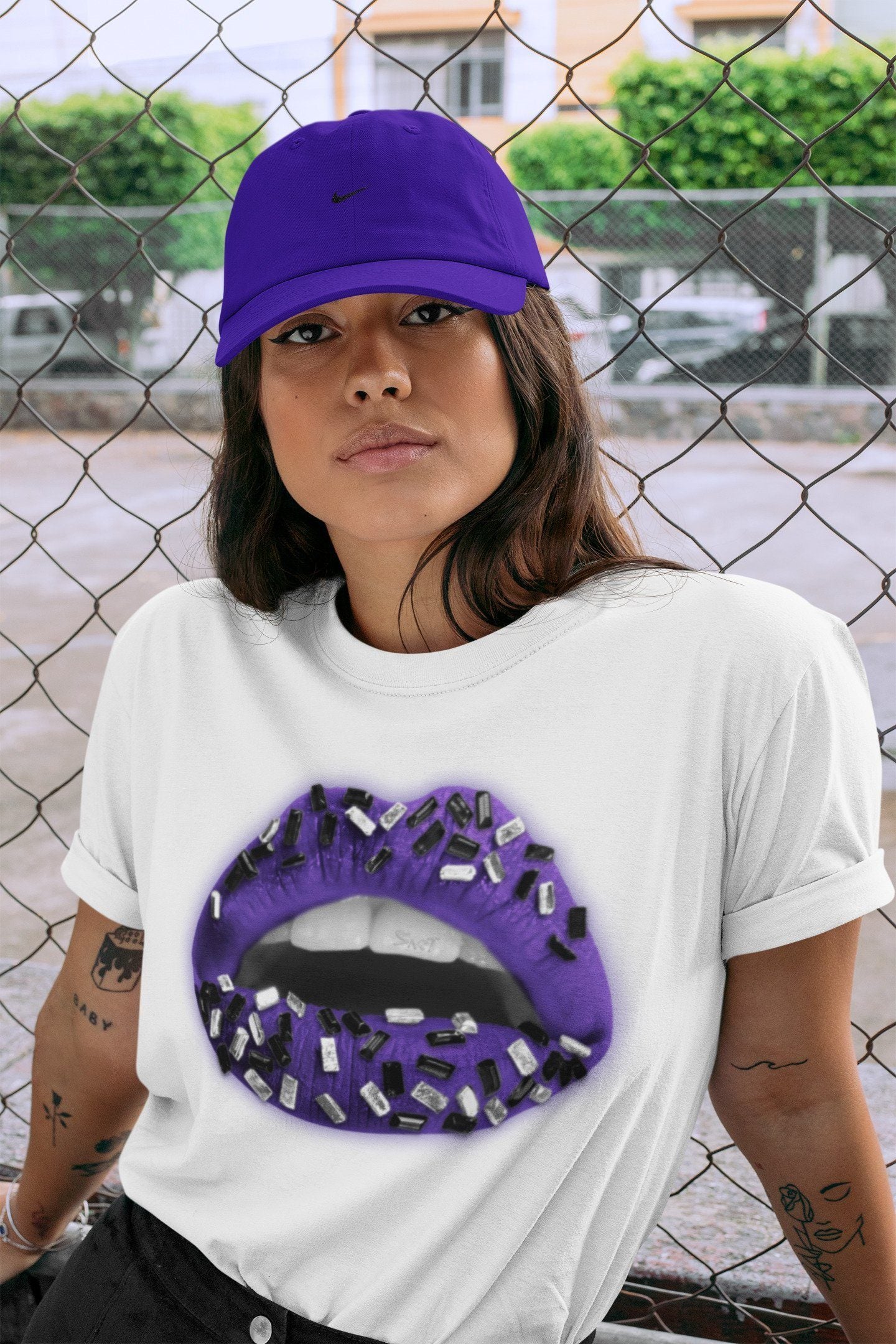 Jordan 1 Court Purple Sneaker Matching T-Shirt Lips Jewel Sneaker Tees Jordan 1 Court Purple Sneaker Release Tees Crew Neck Tees