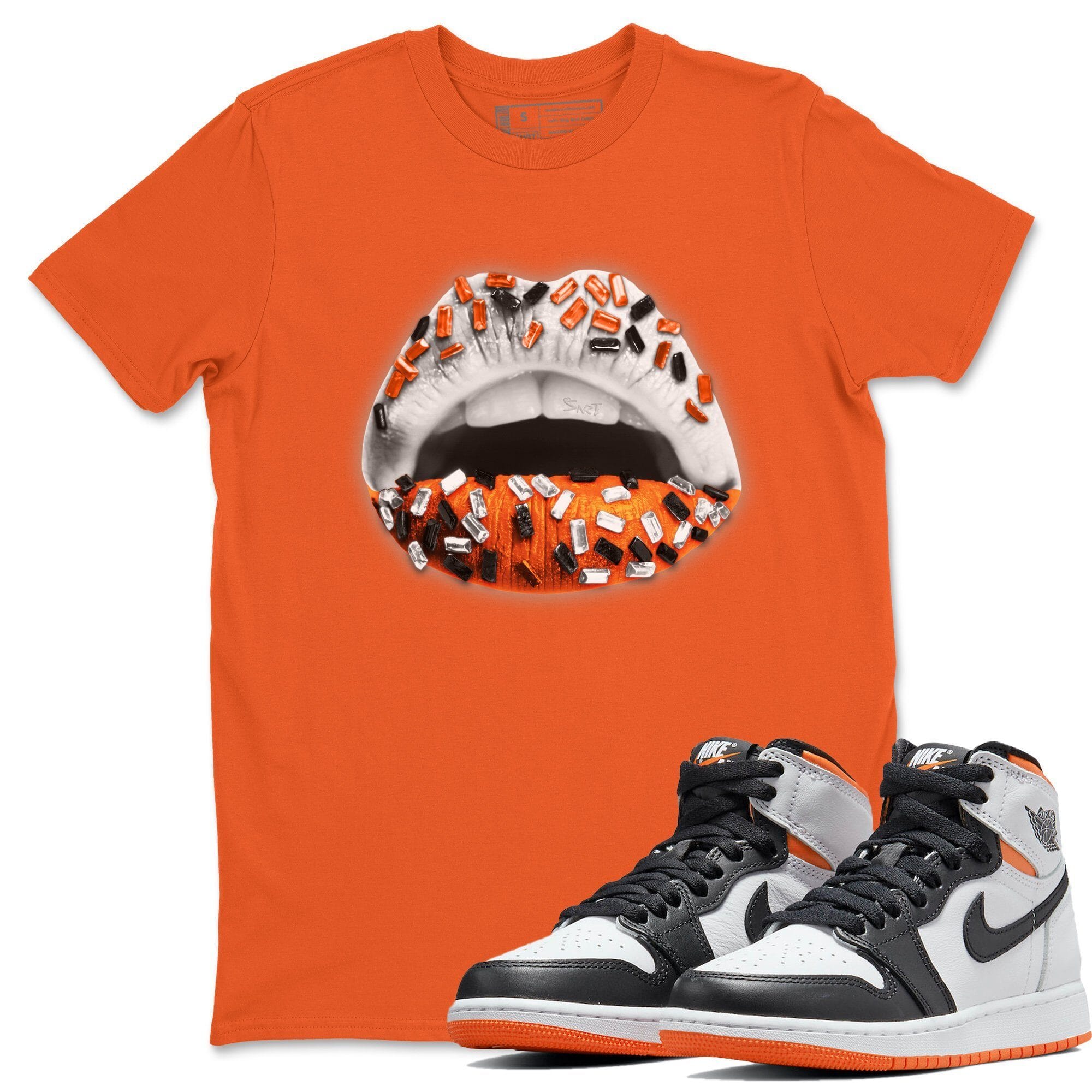 Jordan 1 Electro Orange Sneaker Matching T-Shirt Lips Jewel Sneaker Tees Jordan 1 Electro Orange Sneaker Release Tees Crew Neck Tees
