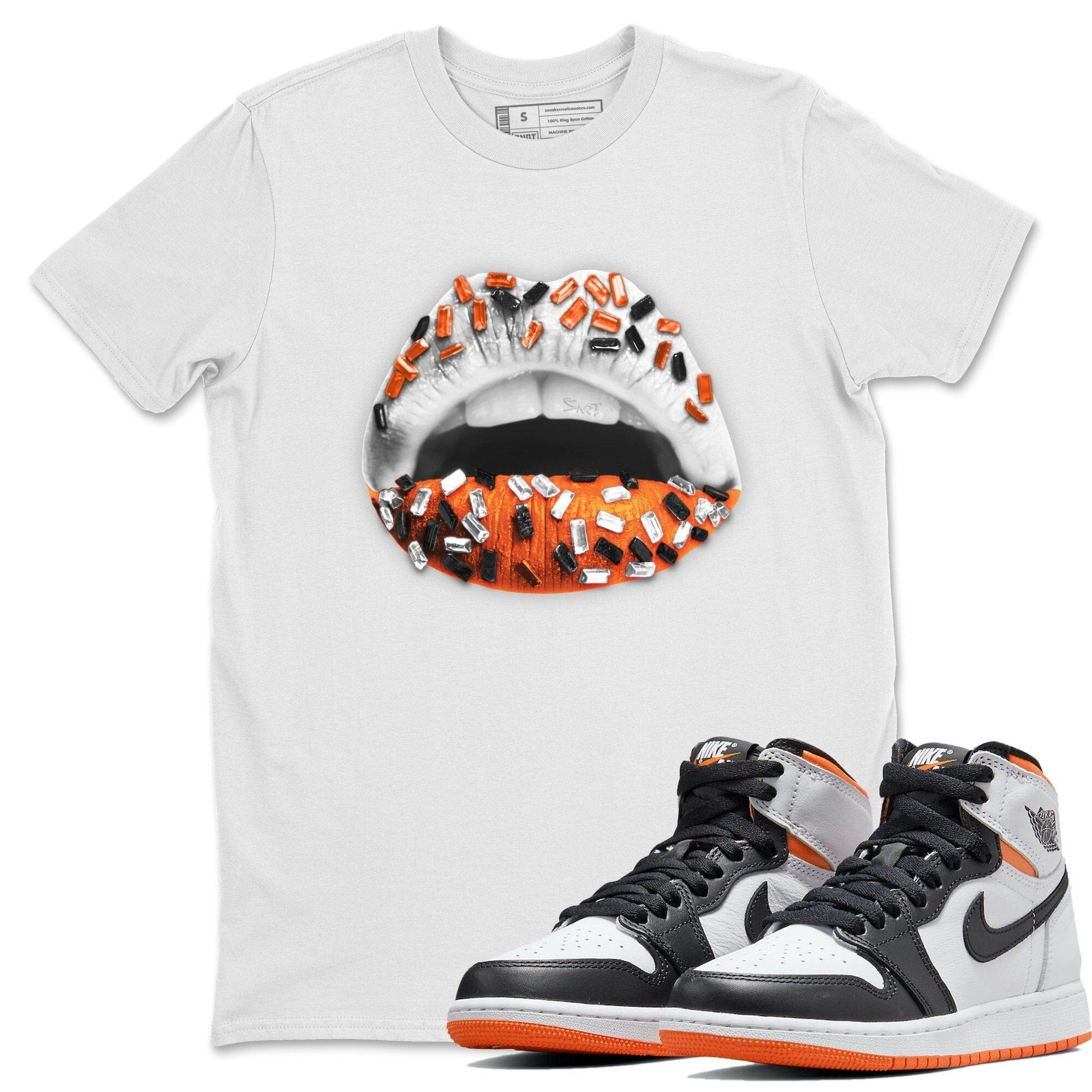 Jordan 1 Electro Orange Sneaker Matching T-Shirt Lips Jewel Sneaker Tees Jordan 1 Electro Orange Sneaker Release Tees Crew Neck Tees