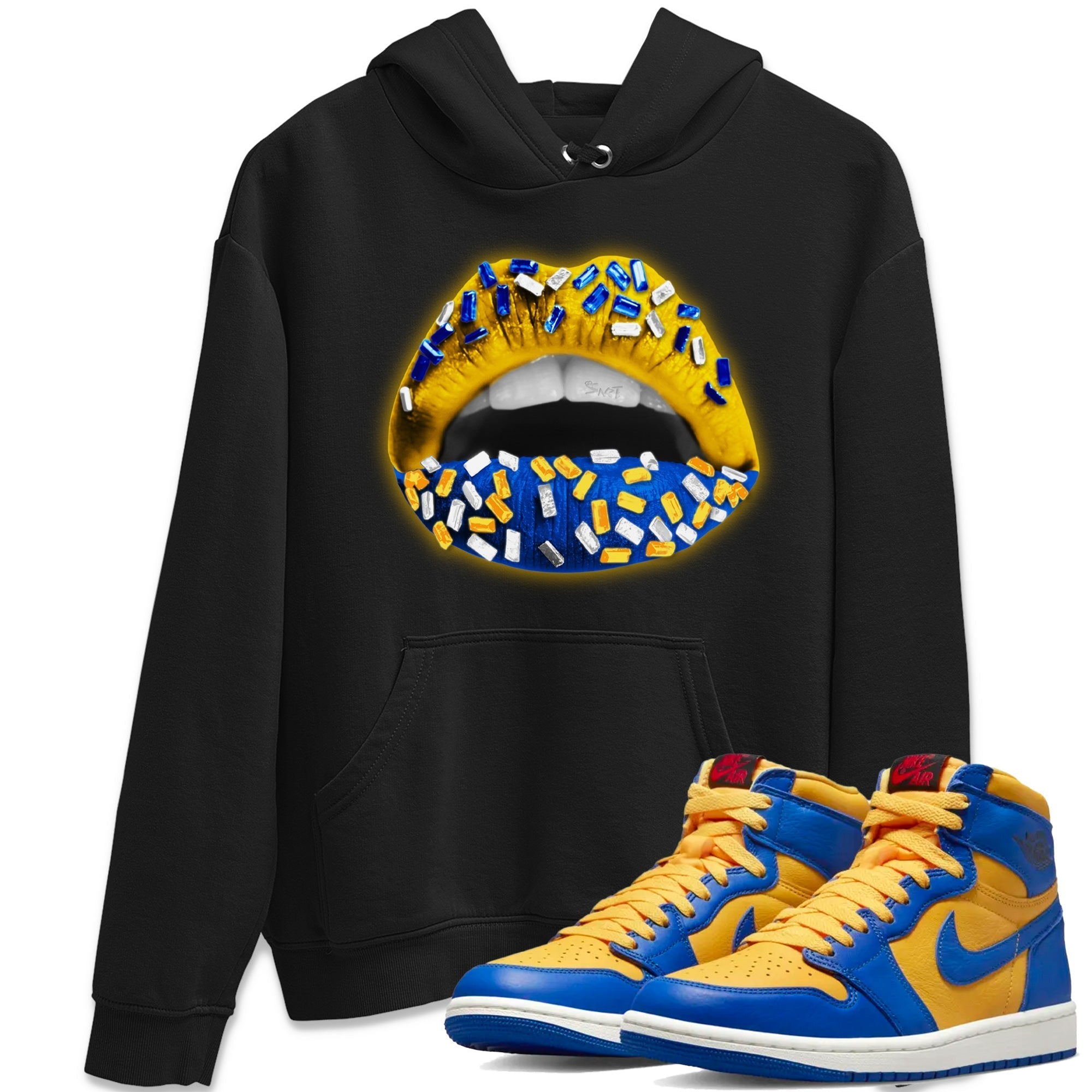Jordan 1 Game Royal Varsity Maize Sneaker Matching T-Shirt Lips Jewel Sneaker Tees Jordan 1 Game Royal Varsity Maize Sneaker Release Tees Crew Neck Tees