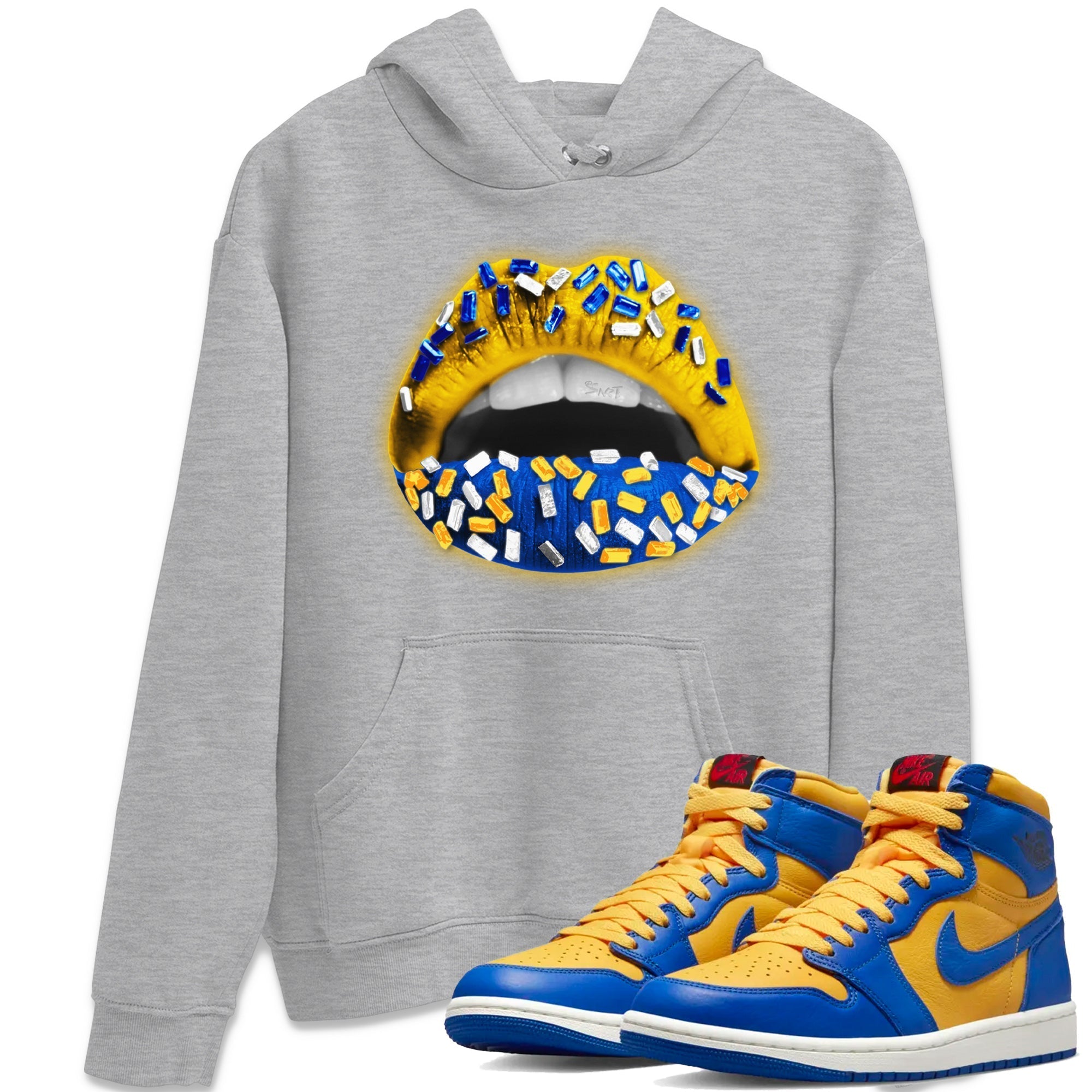 Jordan 1 Game Royal Varsity Maize Sneaker Matching T-Shirt Lips Jewel Sneaker Tees Jordan 1 Game Royal Varsity Maize Sneaker Release Tees Crew Neck Tees