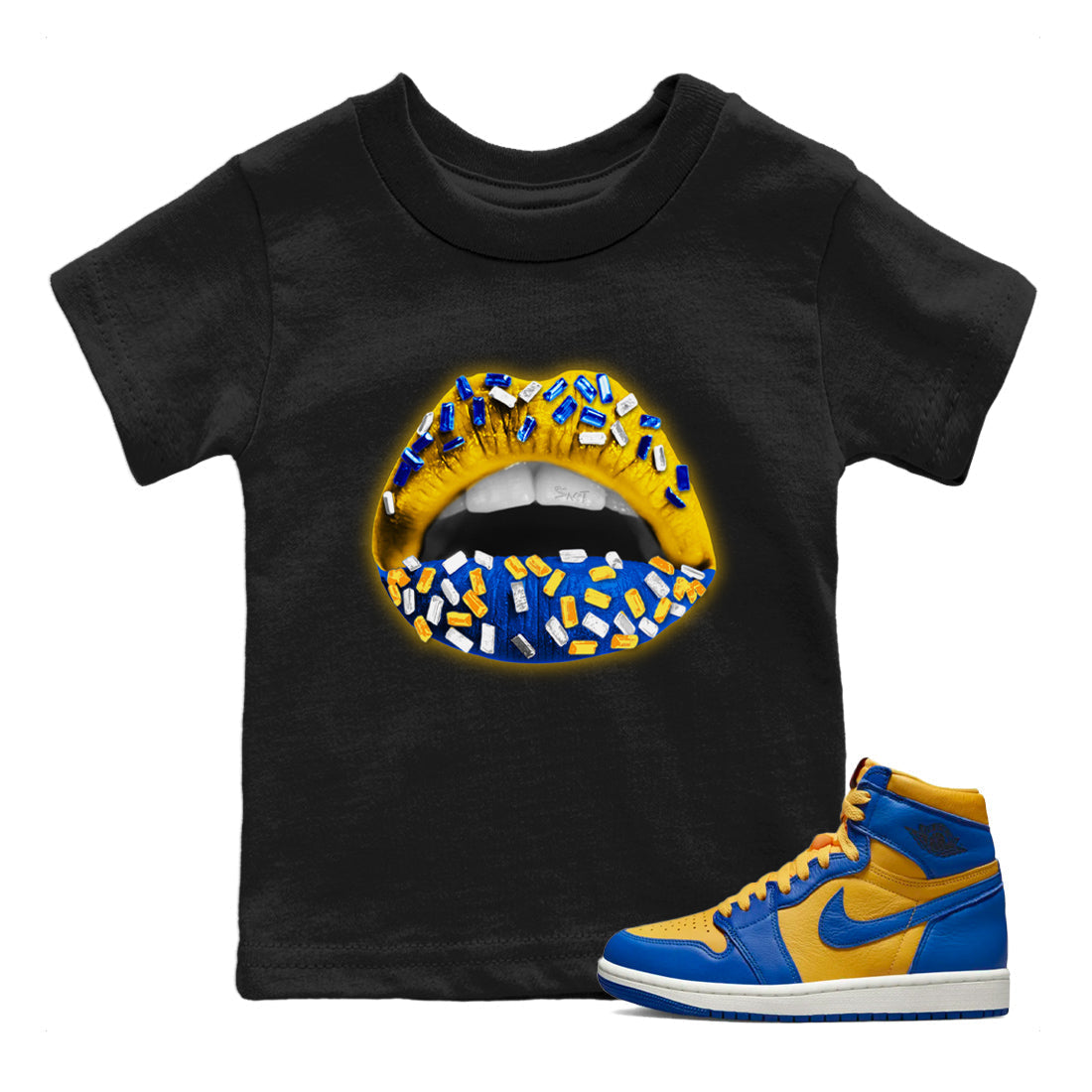 Jordan 1 Game Royal Varsity Maize Sneaker Matching T-Shirt Lips Jewel Sneaker Tees Jordan 1 Game Royal Varsity Maize Sneaker Release Tees Kids Shirts