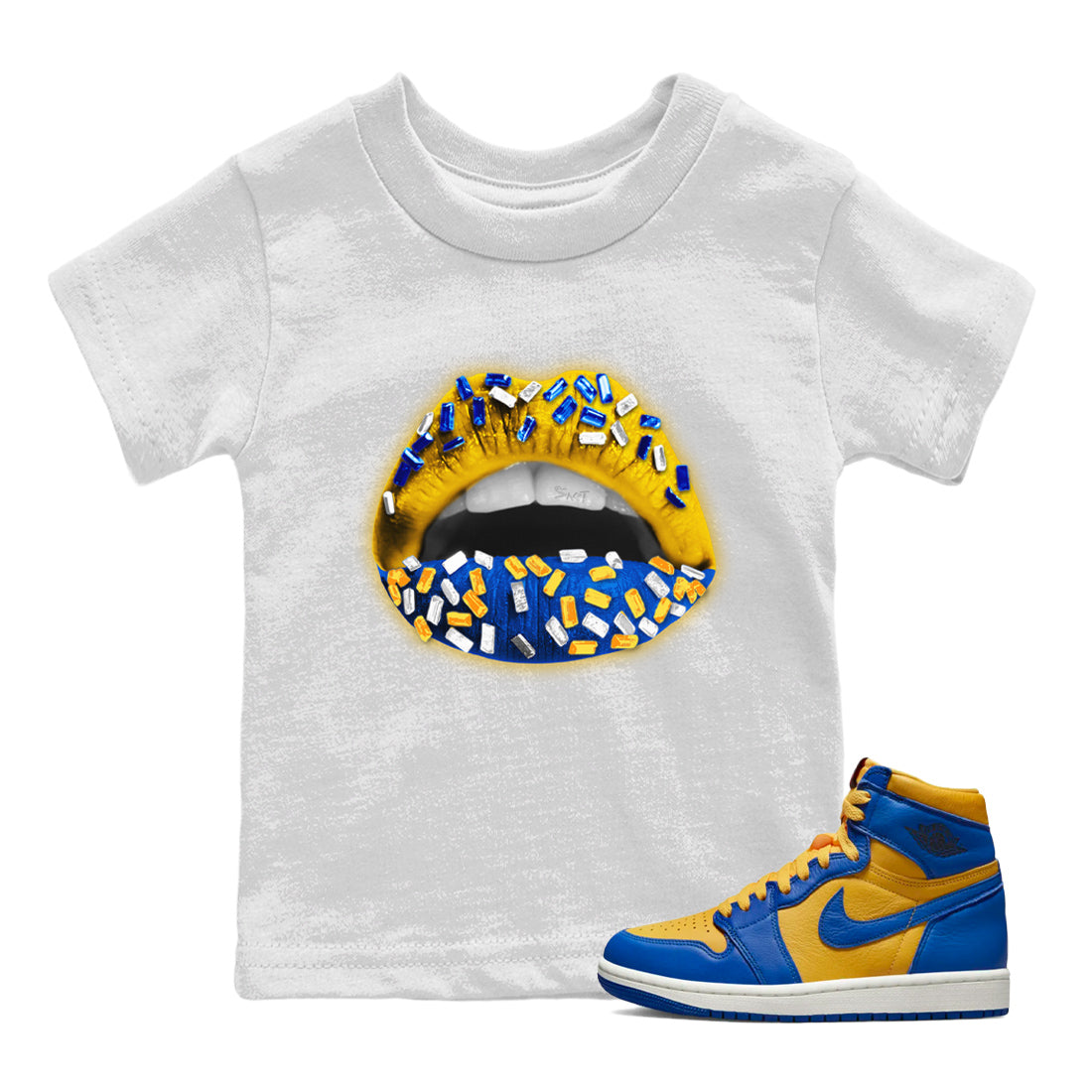 Jordan 1 Game Royal Varsity Maize Sneaker Matching T-Shirt Lips Jewel Sneaker Tees Jordan 1 Game Royal Varsity Maize Sneaker Release Tees Kids Shirts