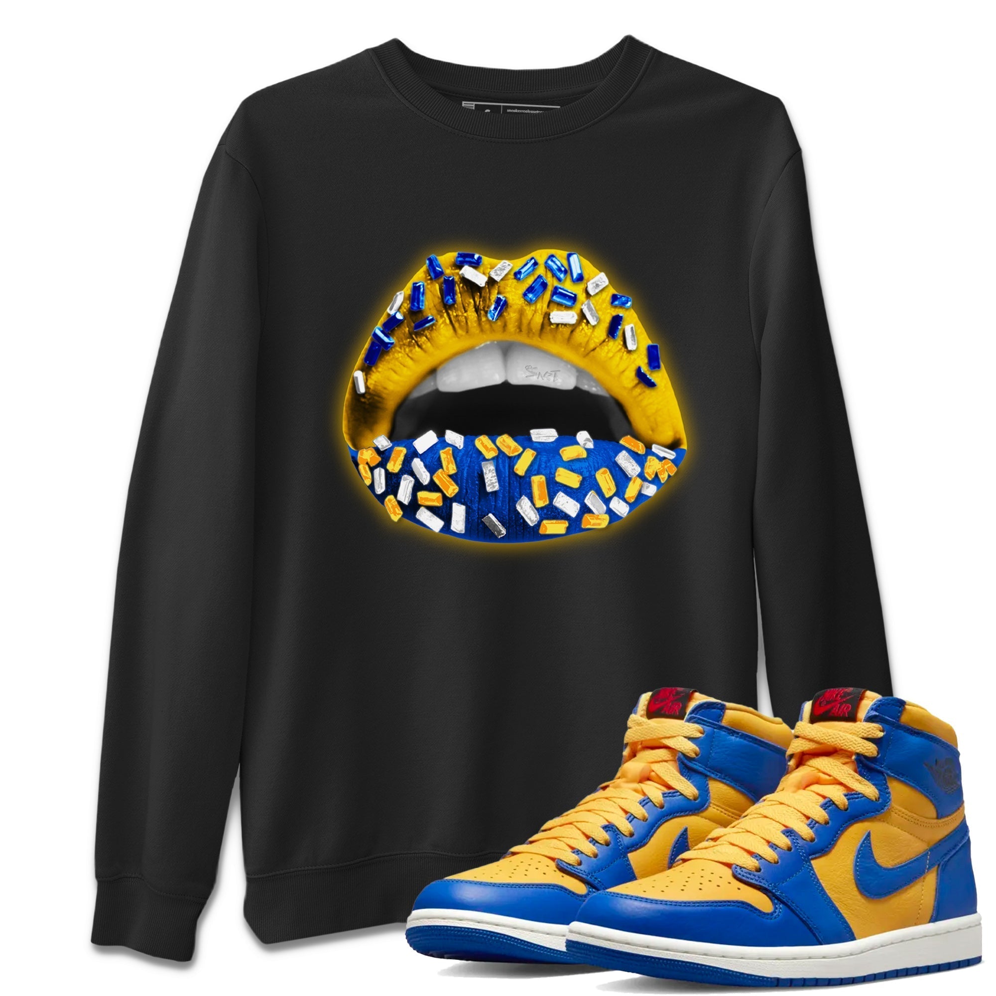 Jordan 1 Game Royal Varsity Maize Sneaker Matching T-Shirt Lips Jewel Sneaker Tees Jordan 1 Game Royal Varsity Maize Sneaker Release Tees Crew Neck Tees