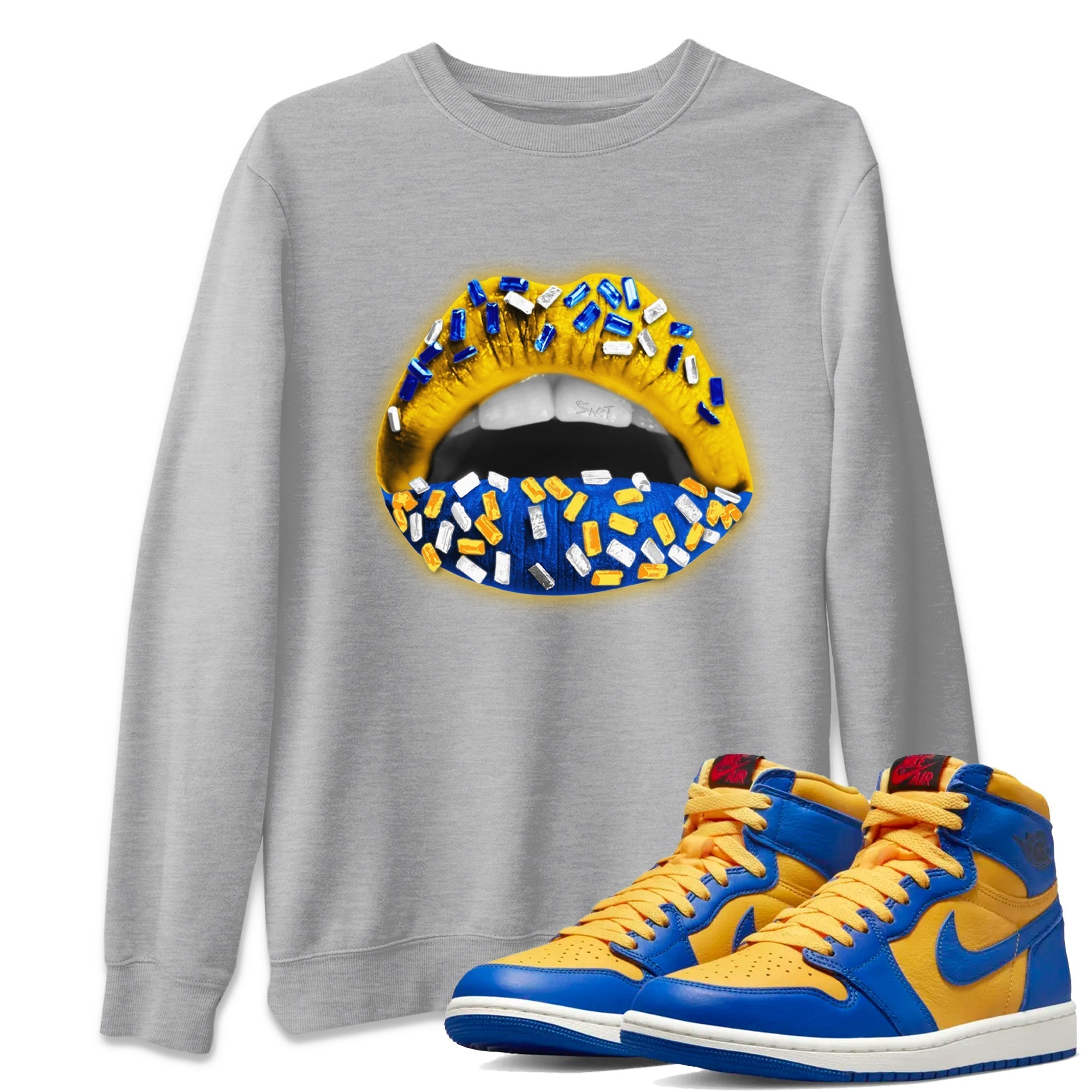 Jordan 1 Game Royal Varsity Maize Sneaker Matching T-Shirt Lips Jewel Sneaker Tees Jordan 1 Game Royal Varsity Maize Sneaker Release Tees Crew Neck Tees