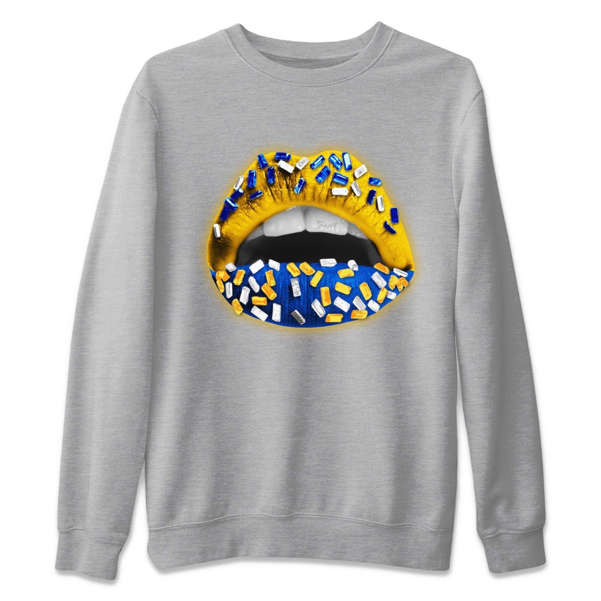 Jordan 1 Game Royal Varsity Maize Sneaker Matching T-Shirt Lips Jewel Sneaker Tees Jordan 1 Game Royal Varsity Maize Sneaker Release Tees Crew Neck Tees