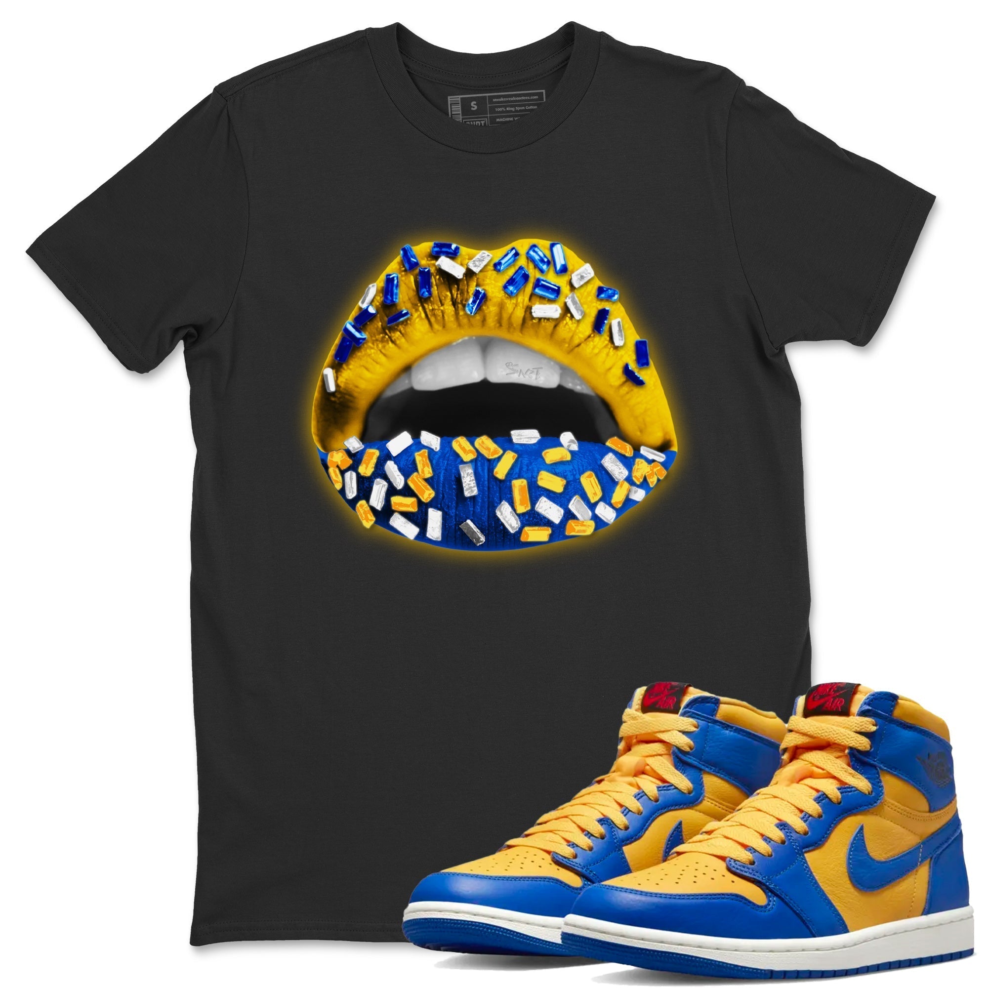 Jordan 1 Game Royal Varsity Maize Sneaker Matching T-Shirt Lips Jewel Sneaker Tees Jordan 1 Game Royal Varsity Maize Sneaker Release Tees Crew Neck Tees