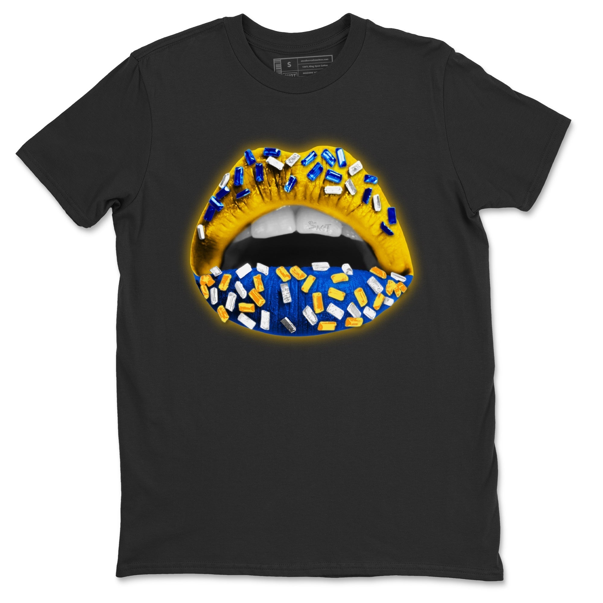 Jordan 1 Game Royal Varsity Maize Sneaker Matching T-Shirt Lips Jewel Sneaker Tees Jordan 1 Game Royal Varsity Maize Sneaker Release Tees Crew Neck Tees