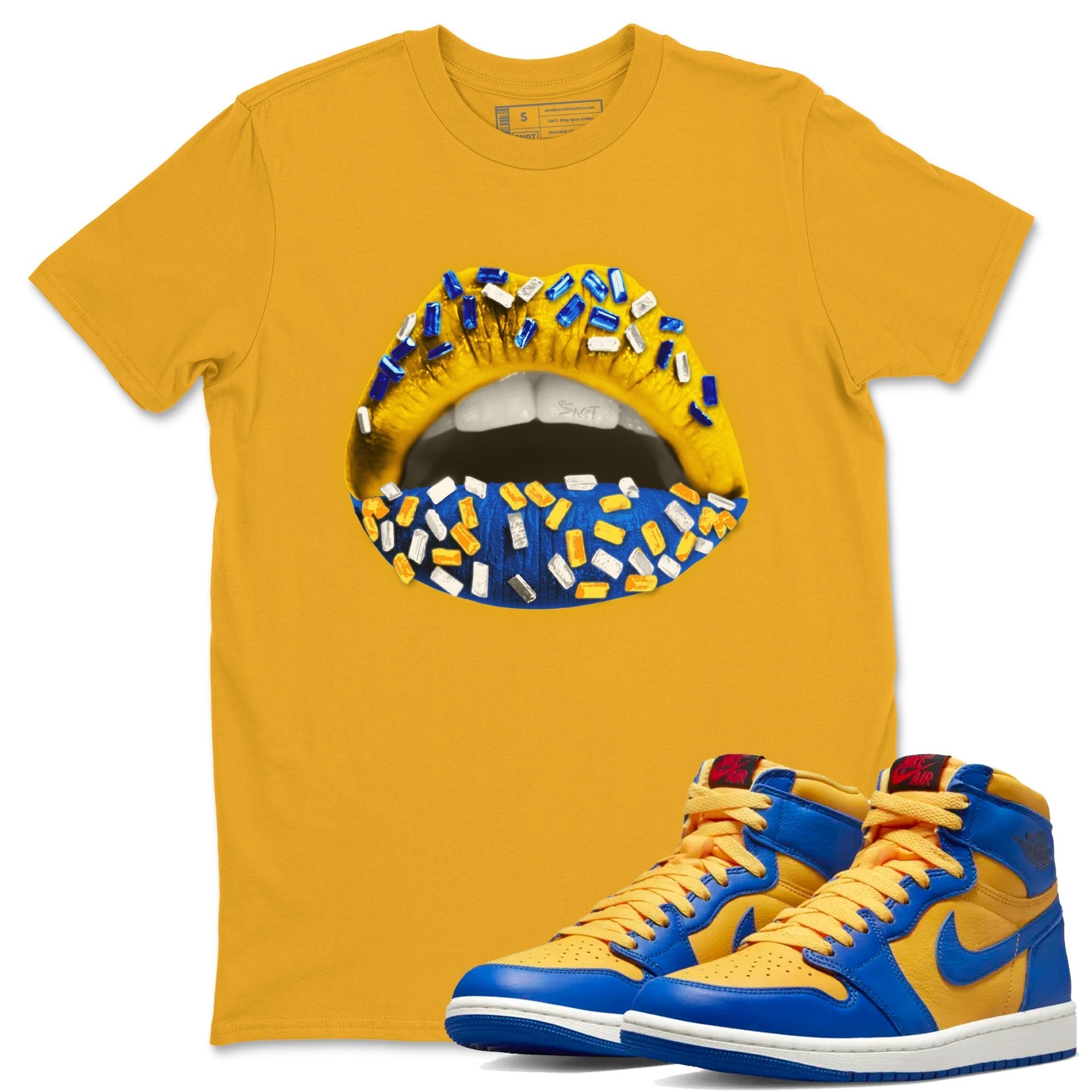 Jordan 1 Game Royal Varsity Maize Sneaker Matching T-Shirt Lips Jewel Sneaker Tees Jordan 1 Game Royal Varsity Maize Sneaker Release Tees Crew Neck Tees