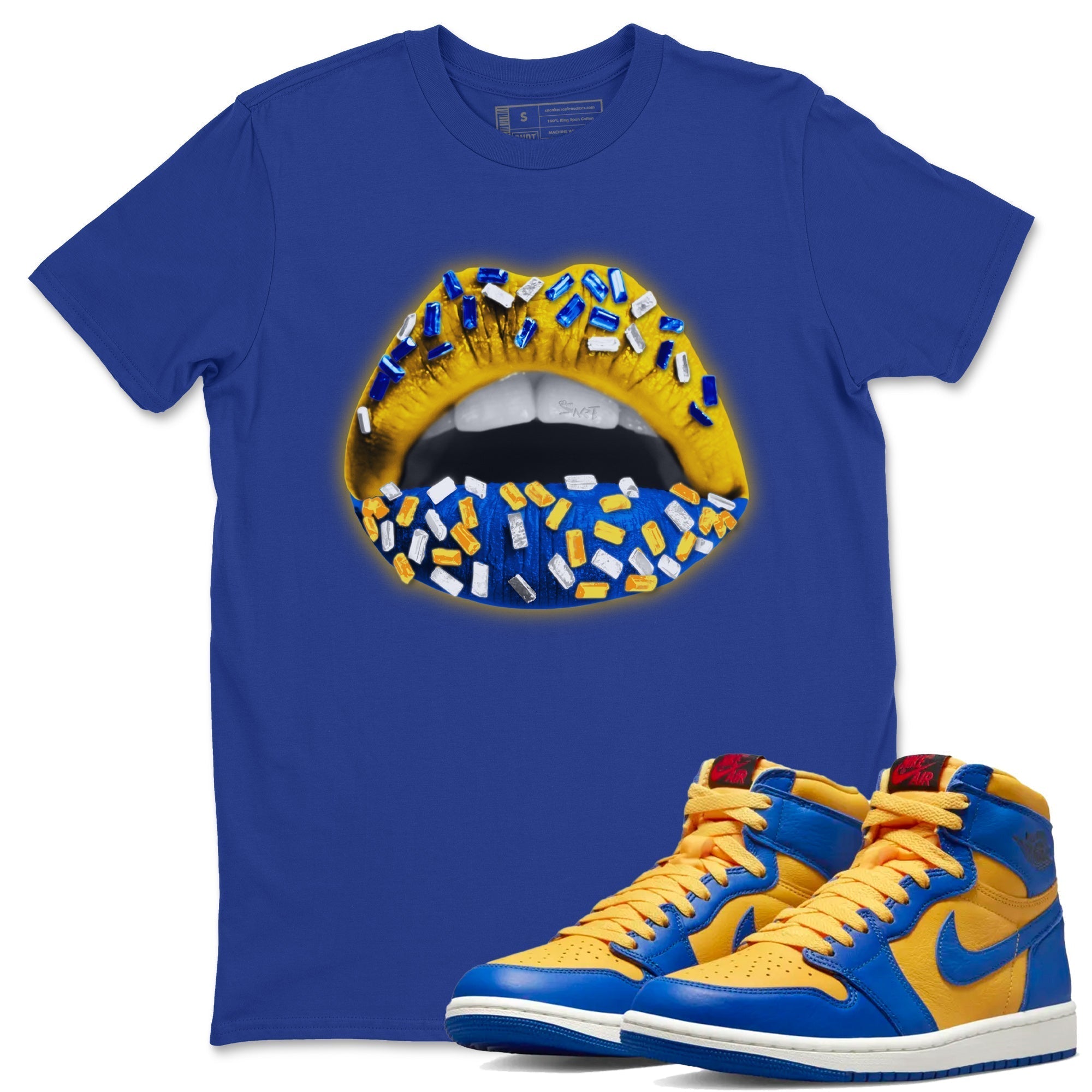 Jordan 1 Game Royal Varsity Maize Sneaker Matching T-Shirt Lips Jewel Sneaker Tees Jordan 1 Game Royal Varsity Maize Sneaker Release Tees Crew Neck Tees
