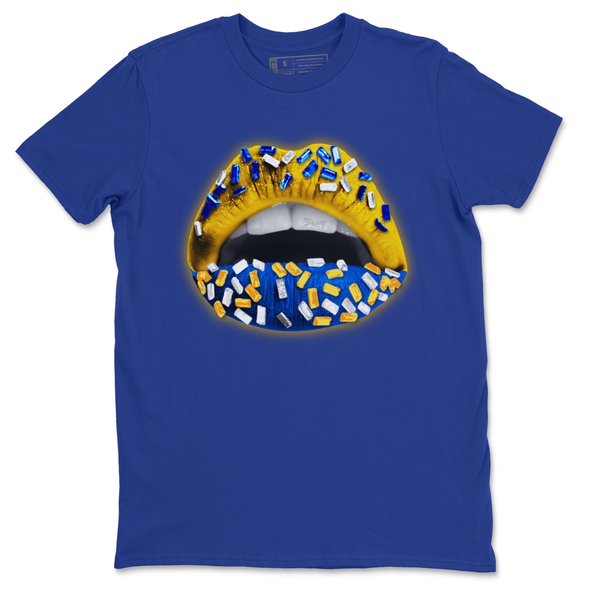 Jordan 1 Game Royal Varsity Maize Sneaker Matching T-Shirt Lips Jewel Sneaker Tees Jordan 1 Game Royal Varsity Maize Sneaker Release Tees Crew Neck Tees