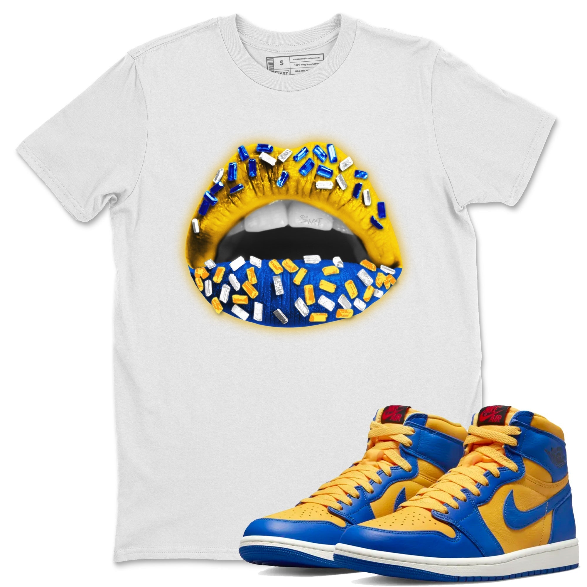 Jordan 1 Game Royal Varsity Maize Sneaker Matching T-Shirt Lips Jewel Sneaker Tees Jordan 1 Game Royal Varsity Maize Sneaker Release Tees Crew Neck Tees