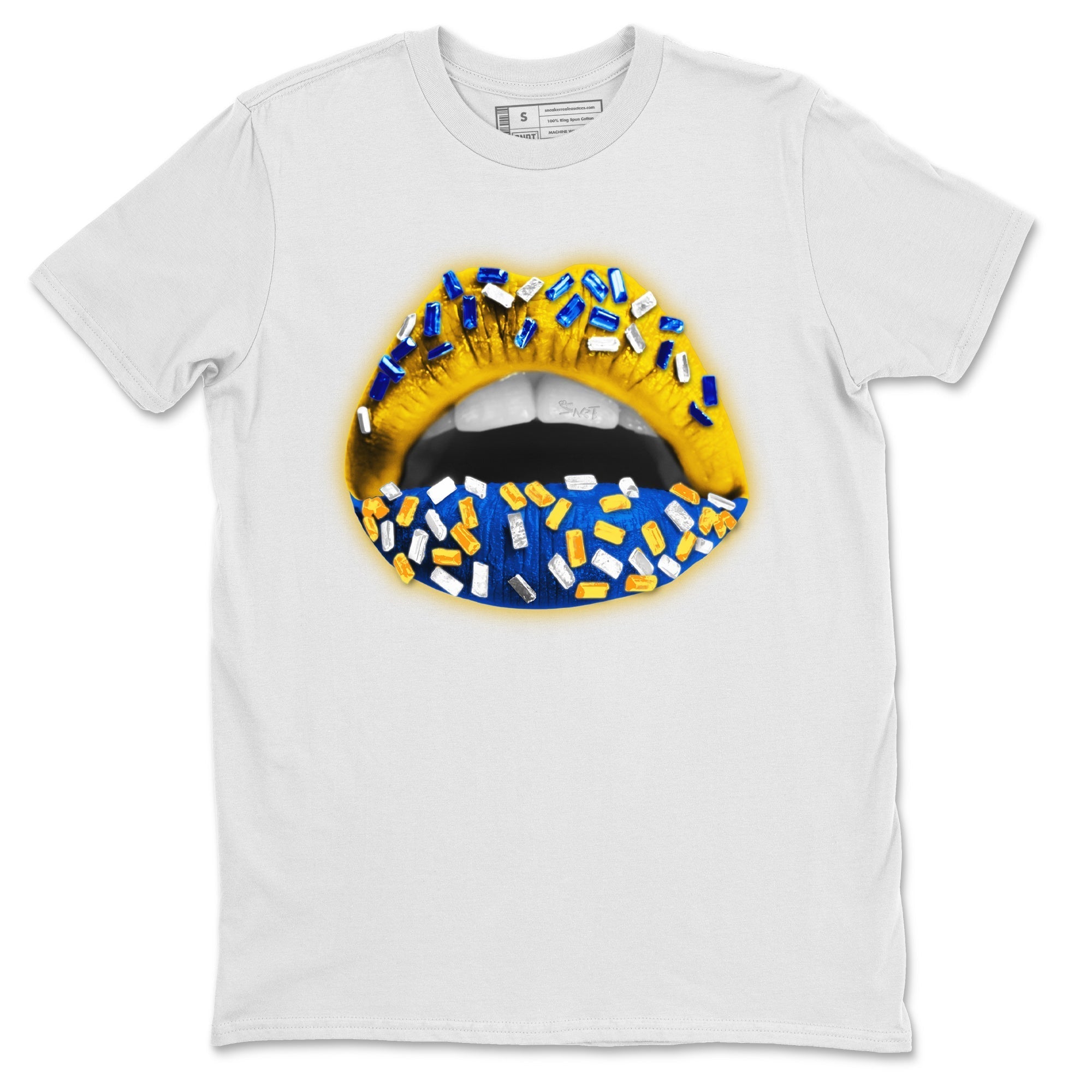 Jordan 1 Game Royal Varsity Maize Sneaker Matching T-Shirt Lips Jewel Sneaker Tees Jordan 1 Game Royal Varsity Maize Sneaker Release Tees Crew Neck Tees