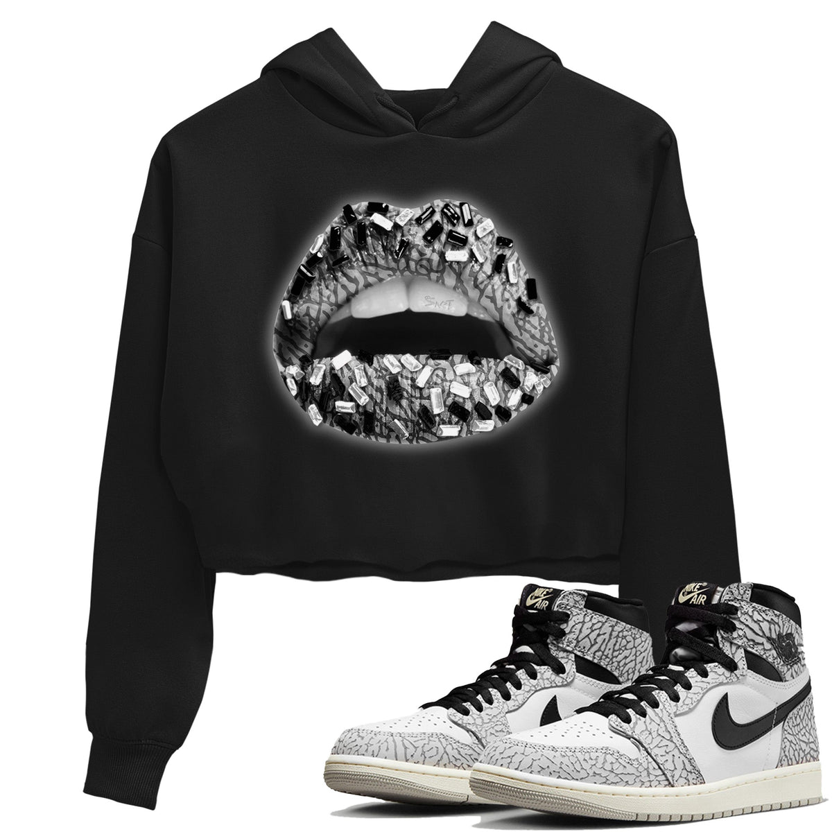 Jordan 1 White Cement Sneaker Matching T-Shirt Lips Jewel Sneaker Tees Jordan 1 White Cement Sneaker Release Tees Women's Shirts