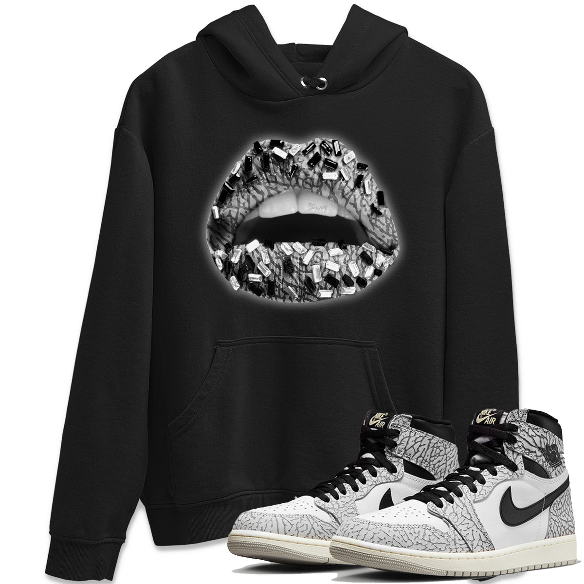 Jordan 1 White Cement Sneaker Matching T-Shirt Lips Jewel Sneaker Tees Jordan 1 White Cement Sneaker Release Tees Crew Neck Tees