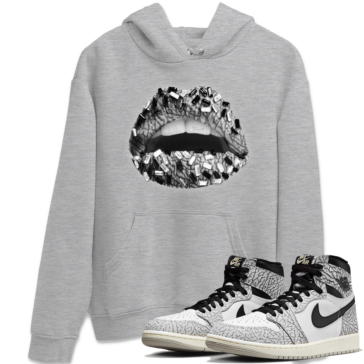 Jordan 1 White Cement Sneaker Matching T-Shirt Lips Jewel Sneaker Tees Jordan 1 White Cement Sneaker Release Tees Crew Neck Tees