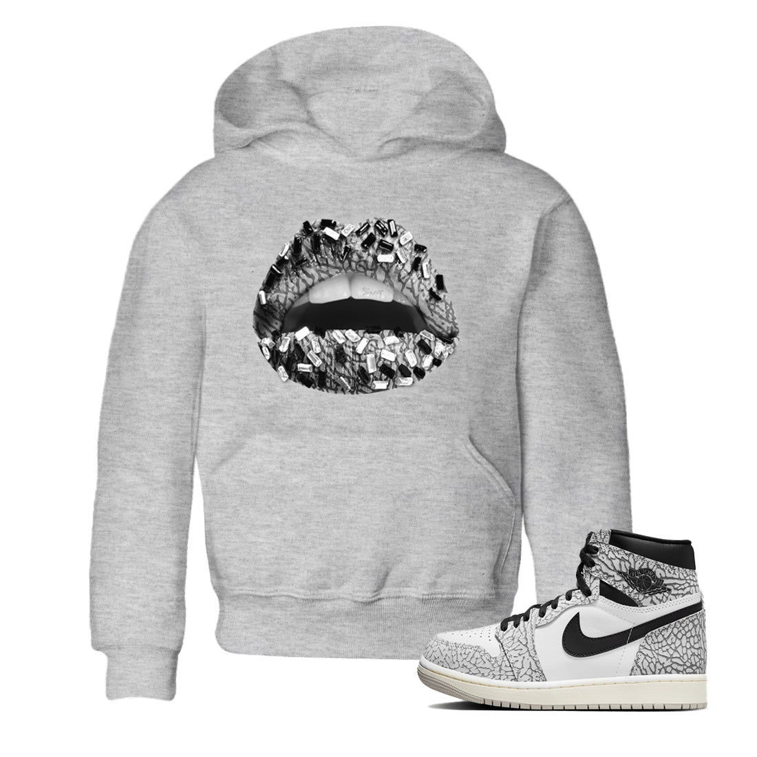 Jordan 1 White Cement Sneaker Matching T-Shirt Lips Jewel Sneaker Tees Jordan 1 White Cement Sneaker Release Tees Kids Shirts