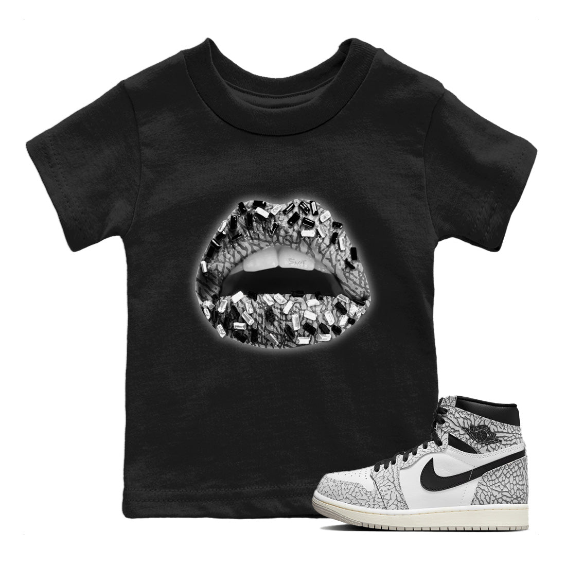 Jordan 1 White Cement Sneaker Matching T-Shirt Lips Jewel Sneaker Tees Jordan 1 White Cement Sneaker Release Tees Kids Shirts