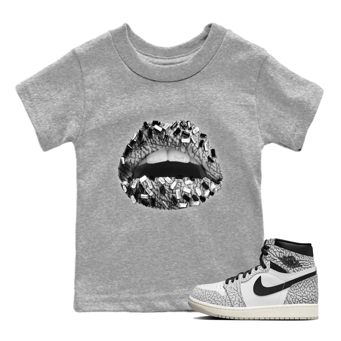 Jordan 1 White Cement Sneaker Matching T-Shirt Lips Jewel Sneaker Tees Jordan 1 White Cement Sneaker Release Tees Kids Shirts