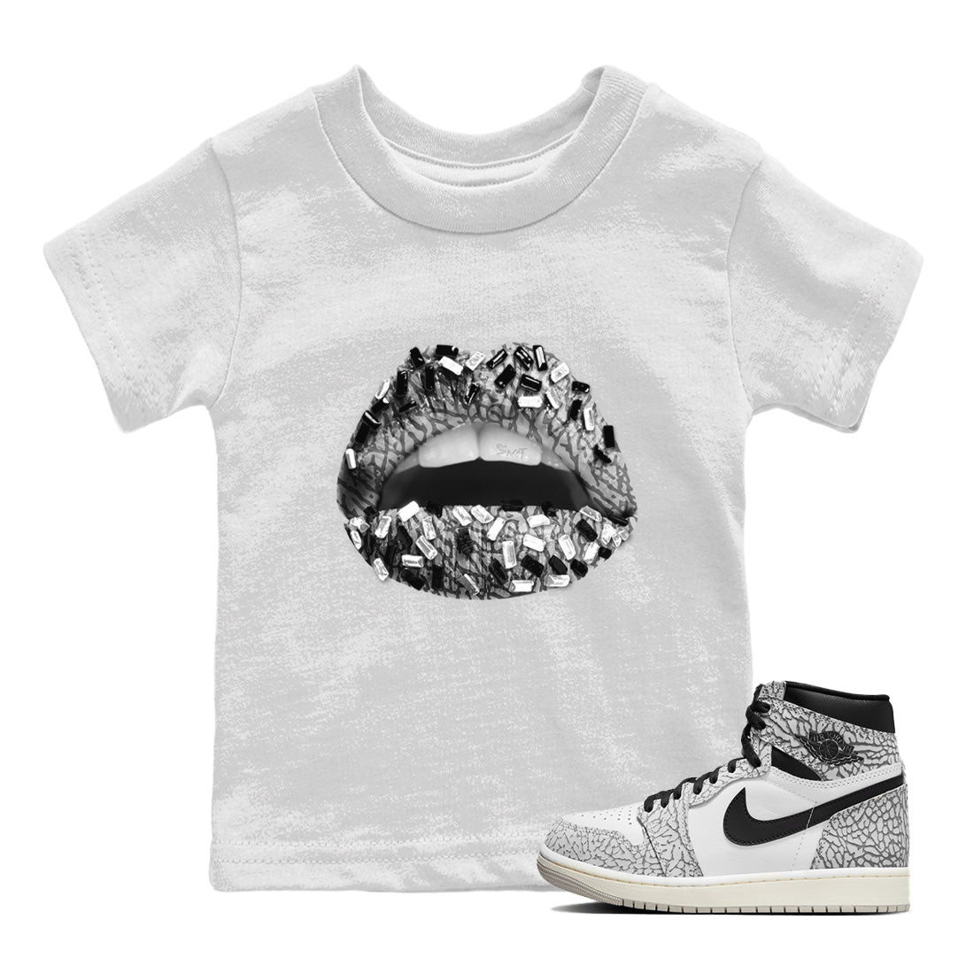 Jordan 1 White Cement Sneaker Matching T-Shirt Lips Jewel Sneaker Tees Jordan 1 White Cement Sneaker Release Tees Kids Shirts