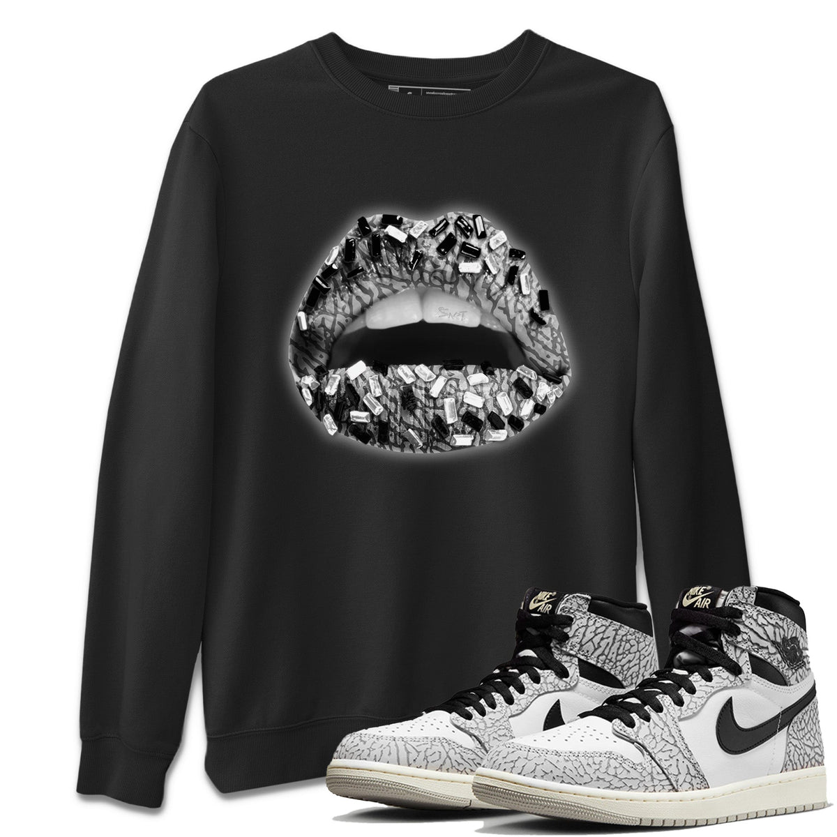 Jordan 1 White Cement Sneaker Matching T-Shirt Lips Jewel Sneaker Tees Jordan 1 White Cement Sneaker Release Tees Crew Neck Tees