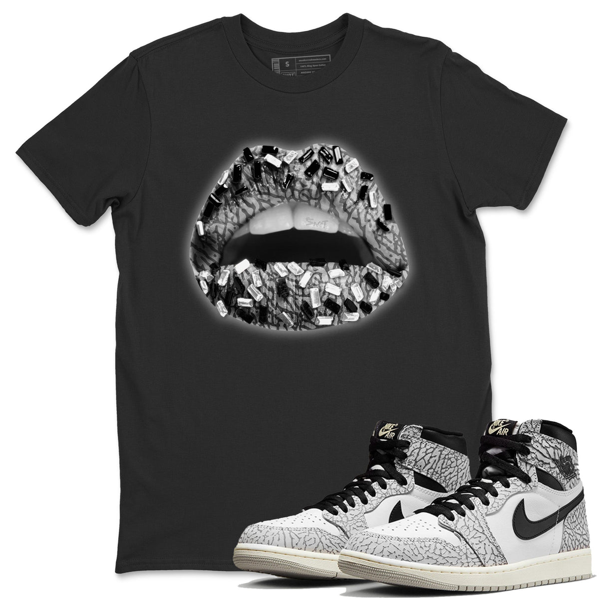 Jordan 1 White Cement Sneaker Matching T-Shirt Lips Jewel Sneaker Tees Jordan 1 White Cement Sneaker Release Tees Crew Neck Tees