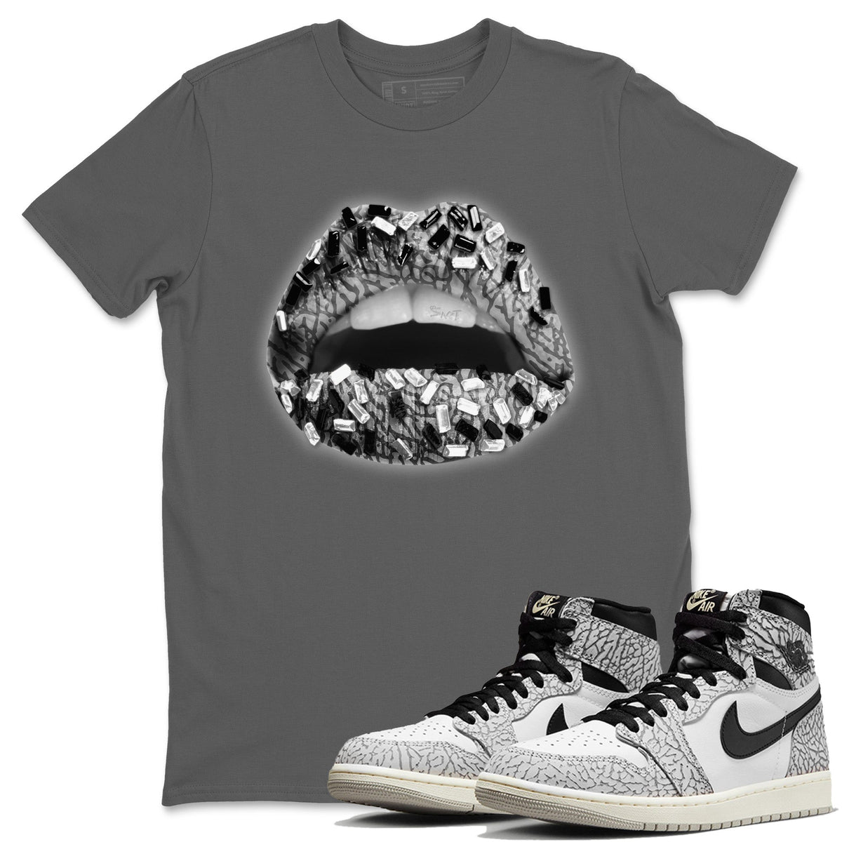 Jordan 1 White Cement Sneaker Matching T-Shirt Lips Jewel Sneaker Tees Jordan 1 White Cement Sneaker Release Tees Crew Neck Tees