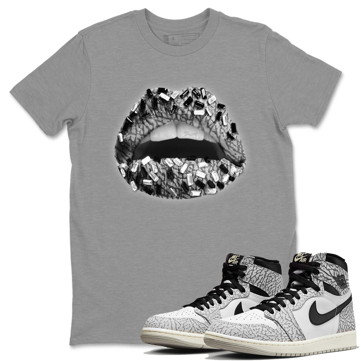 Jordan 1 White Cement Sneaker Matching T-Shirt Lips Jewel Sneaker Tees Jordan 1 White Cement Sneaker Release Tees Crew Neck Tees