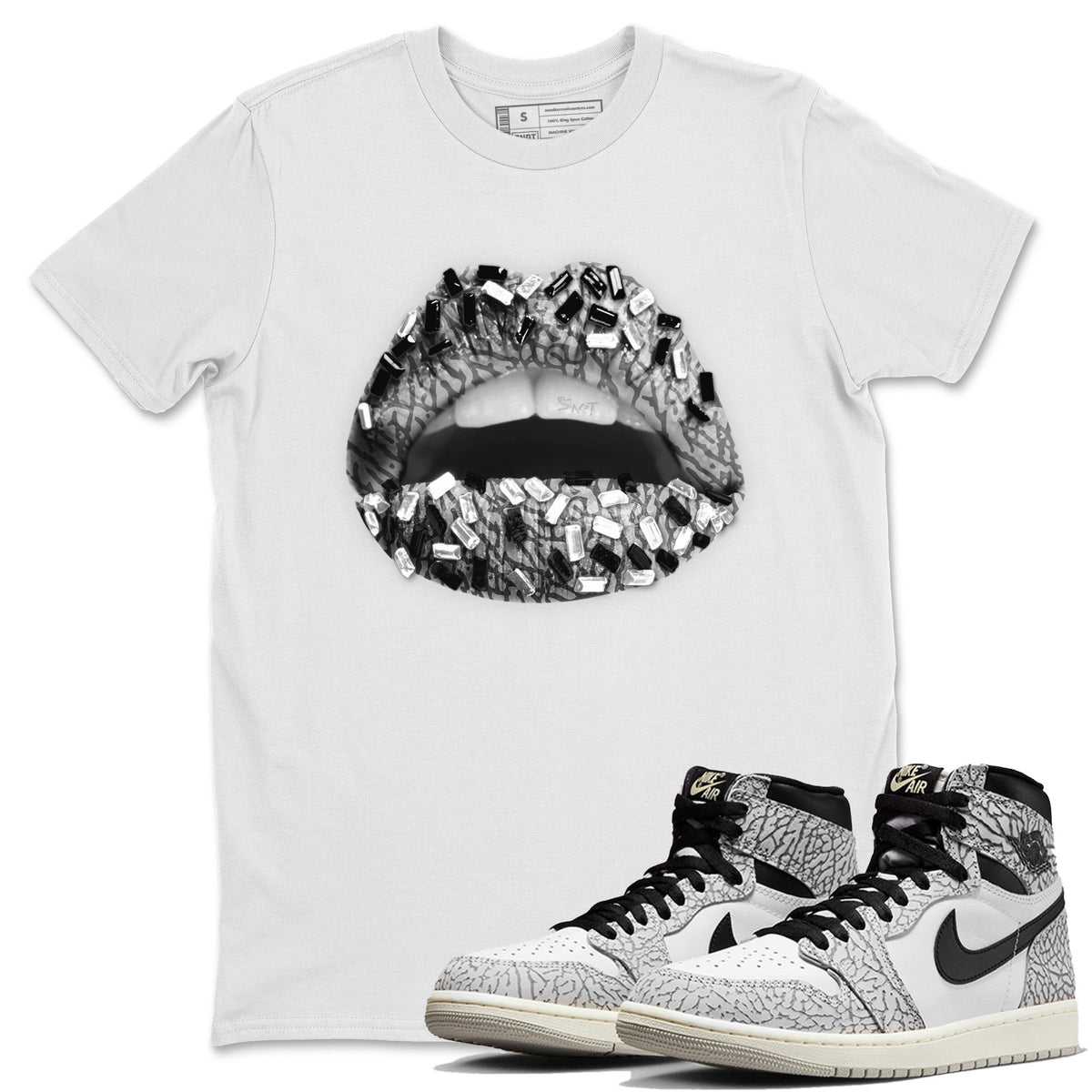 Jordan 1 White Cement Sneaker Matching T-Shirt Lips Jewel Sneaker Tees Jordan 1 White Cement Sneaker Release Tees Crew Neck Tees