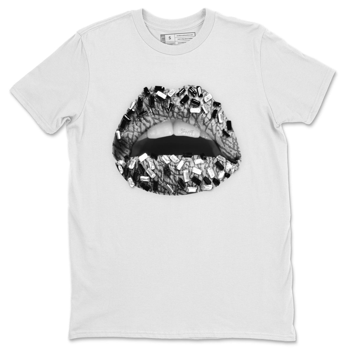 Jordan 1 White Cement Sneaker Matching T-Shirt Lips Jewel Sneaker Tees Jordan 1 White Cement Sneaker Release Tees Crew Neck Tees