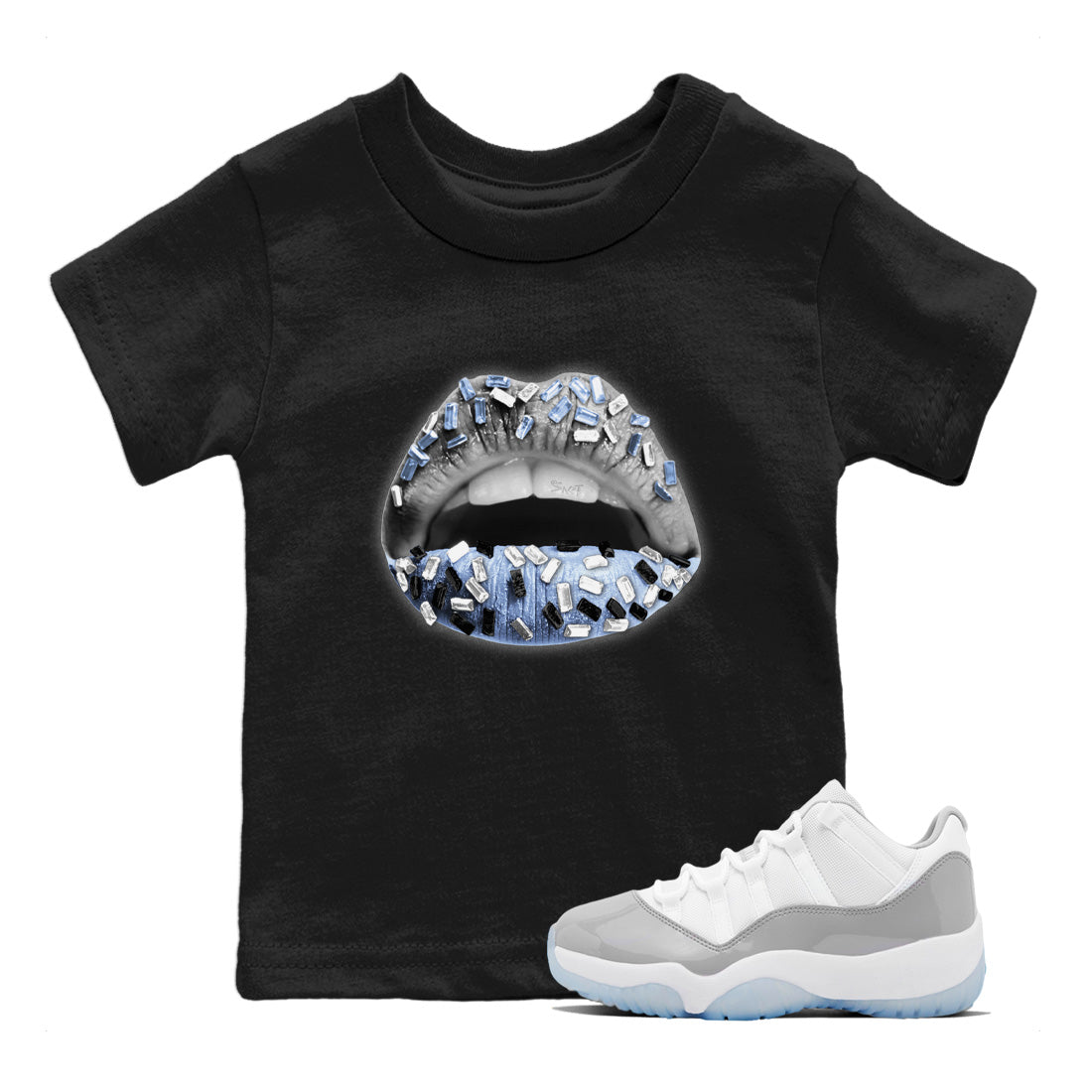Air Jordan 11 White Cement Sneaker Match Tees Lips Jewel Streetwear Sneaker Shirt Air Jordan 11 Cement Grey Sneaker Release Tees Kids Shirts Black 1