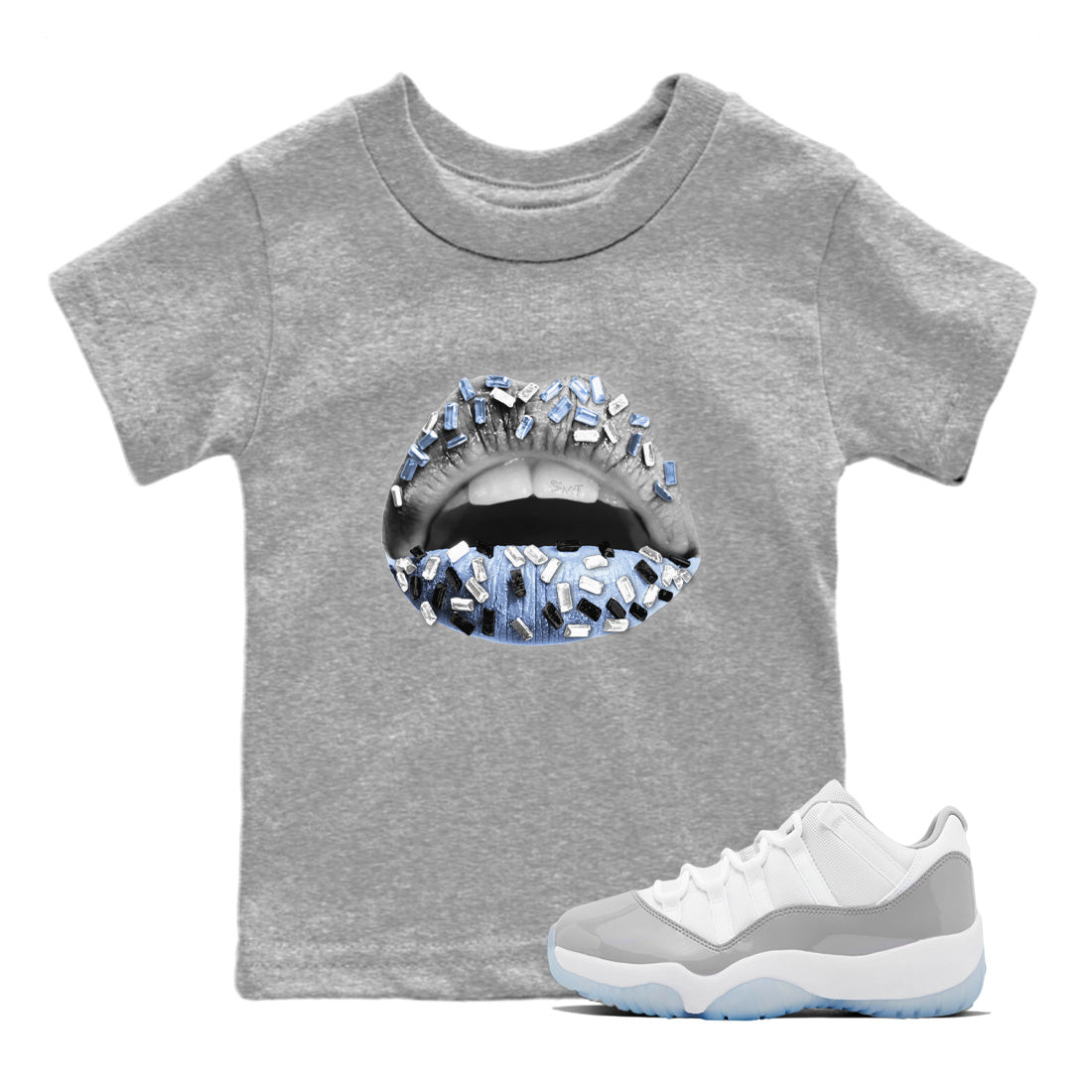 Air Jordan 11 White Cement Sneaker Match Tees Lips Jewel Streetwear Sneaker Shirt Air Jordan 11 Cement Grey Sneaker Release Tees Kids Shirts Heather Grey 1
