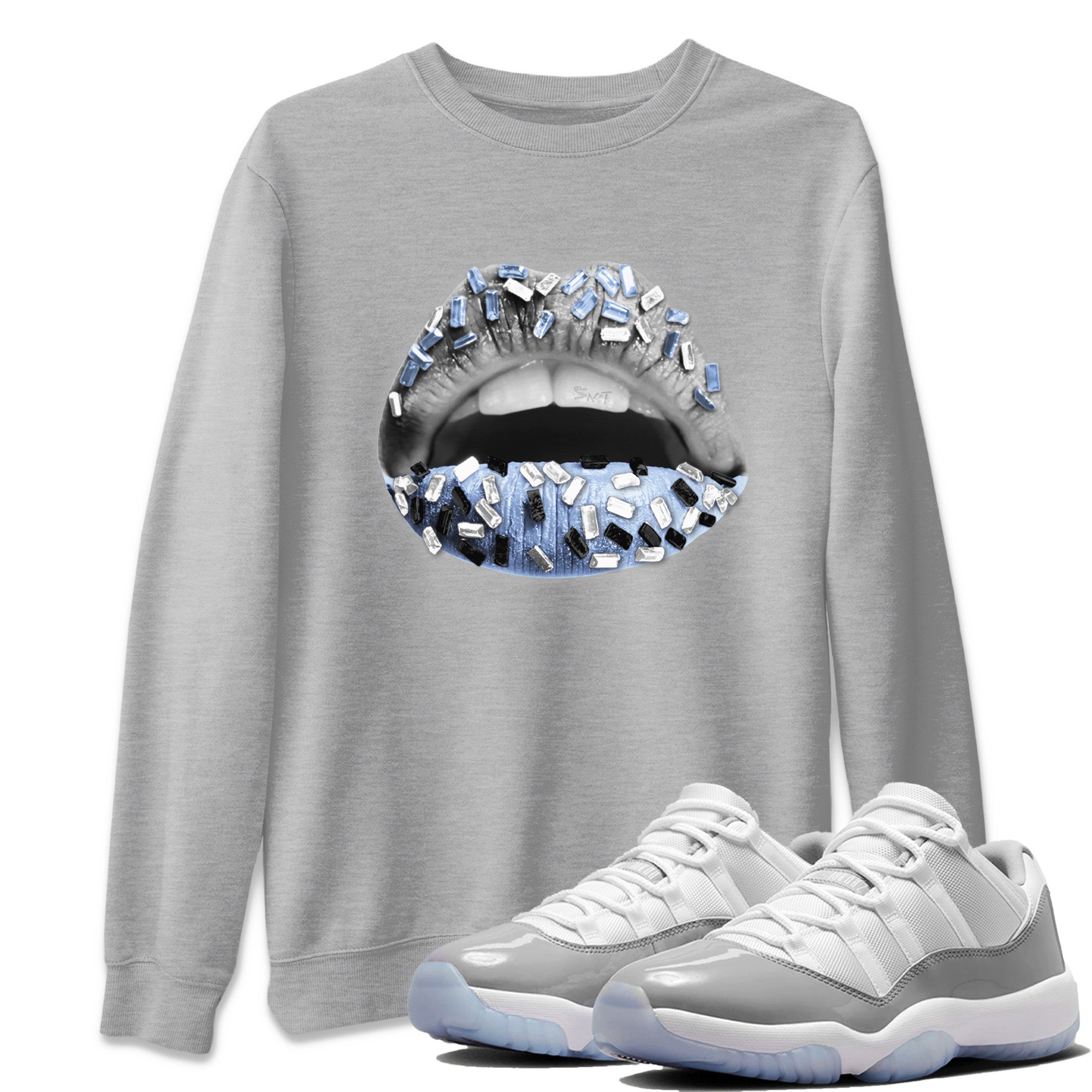 Air Jordan 11 White Cement Sneaker Match Tees Lips Jewel Streetwear Sneaker Shirt Air Jordan 11 Cement Grey Sneaker Release Tees Unisex Shirts Heather Grey 1