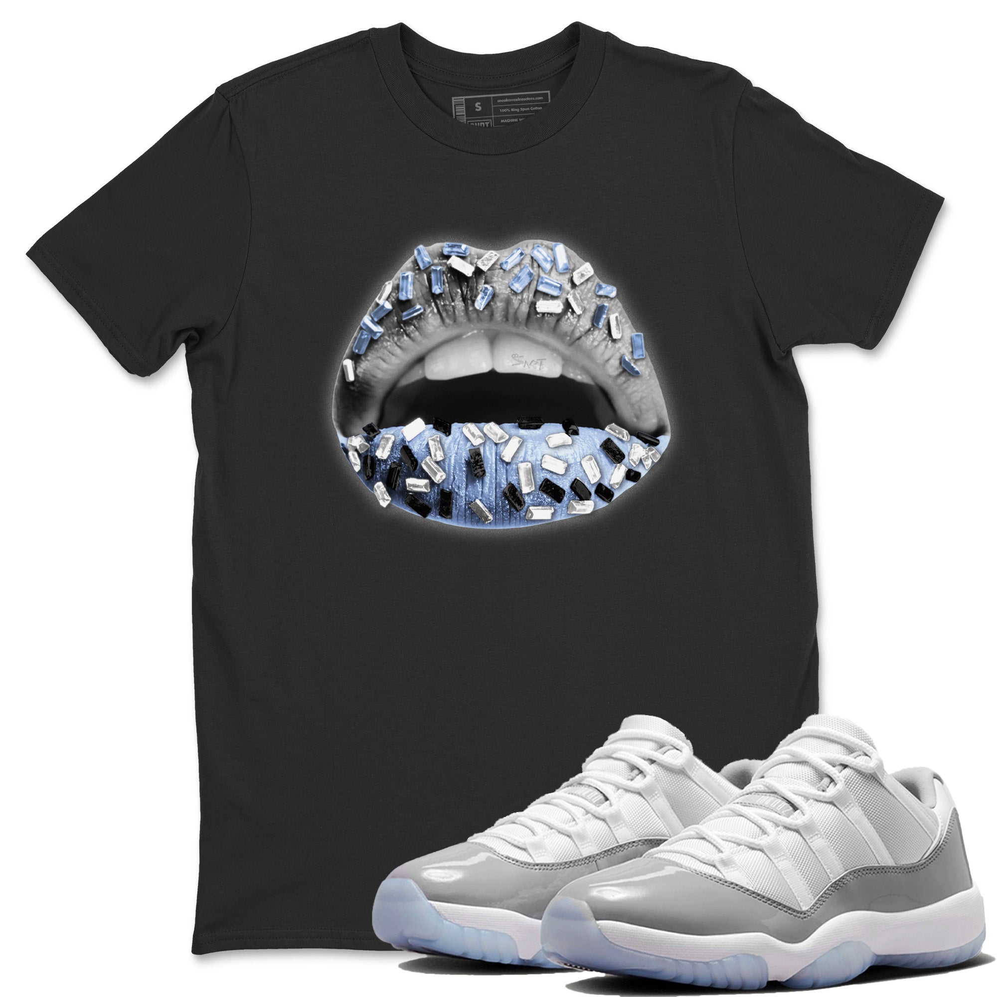 Air Jordan 11 White Cement Sneaker Match Tees Lips Jewel Streetwear Sneaker Shirt Air Jordan 11 Cement Grey Sneaker Release Tees Unisex Shirts Black 1
