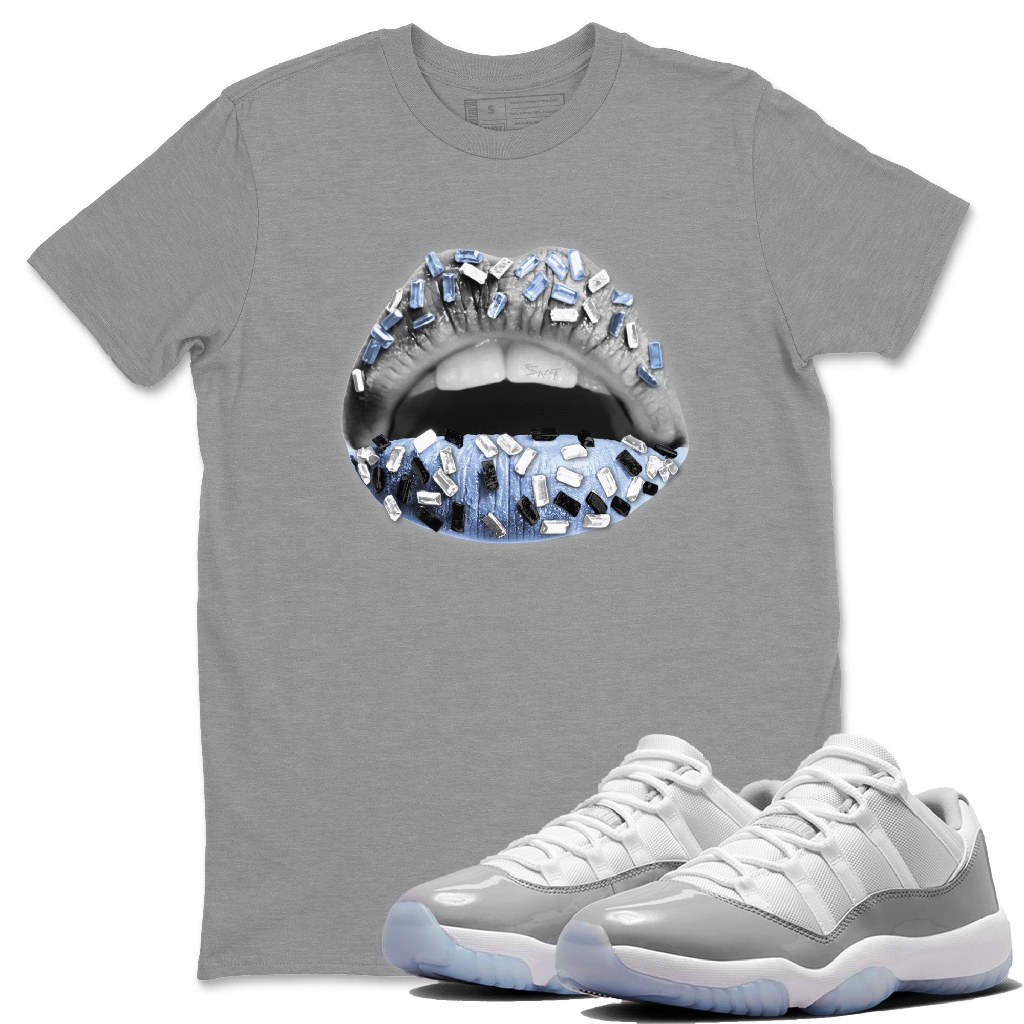 Air Jordan 11 White Cement Sneaker Match Tees Lips Jewel Streetwear Sneaker Shirt Air Jordan 11 Cement Grey Sneaker Release Tees Unisex Shirts Heather Grey 1