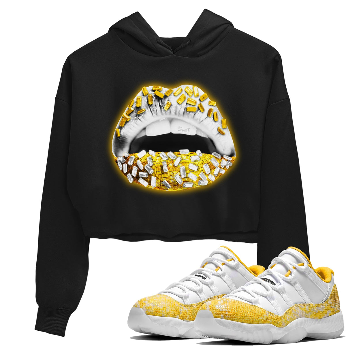 Jordan 11 Yellow Python Sneaker Matching T-Shirt Lips Jewel Sneaker Tees Jordan 11 Yellow Python Sneaker Release Tees Women's Shirts