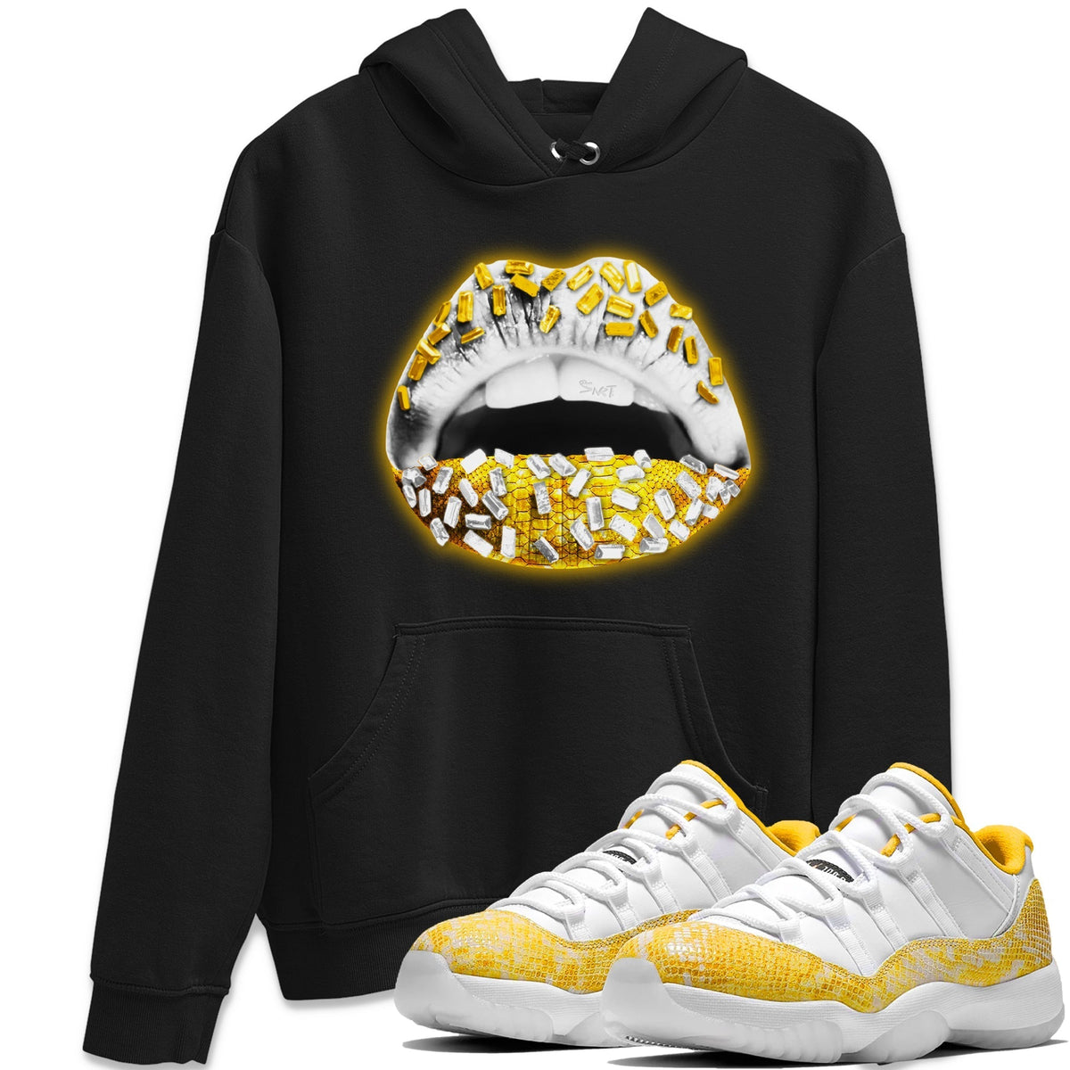 Jordan 11 Yellow Python Sneaker Matching T-Shirt Lips Jewel Sneaker Tees Jordan 11 Yellow Python Sneaker Release Tees Crew Neck Tees