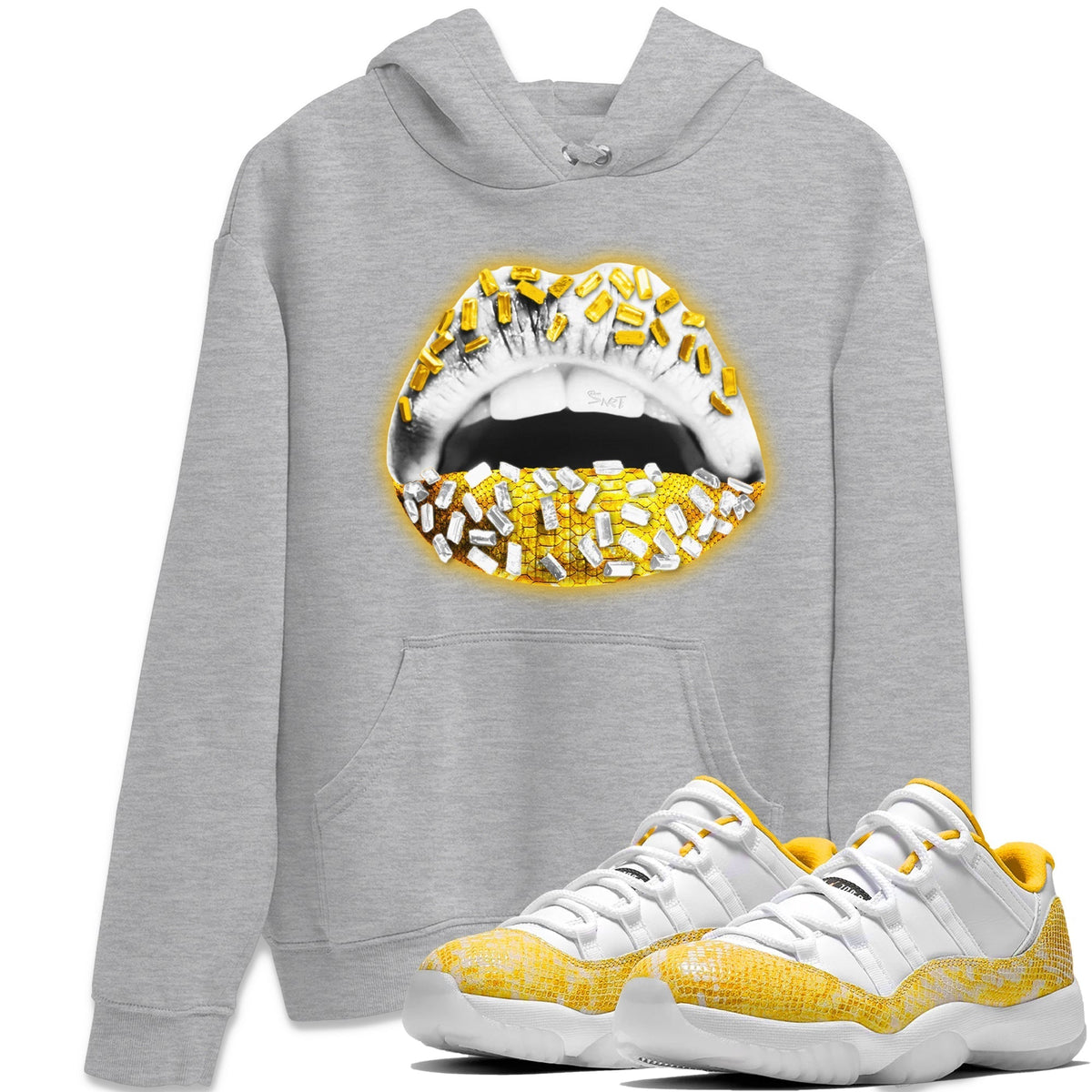 Jordan 11 Yellow Python Sneaker Matching T-Shirt Lips Jewel Sneaker Tees Jordan 11 Yellow Python Sneaker Release Tees Crew Neck Tees