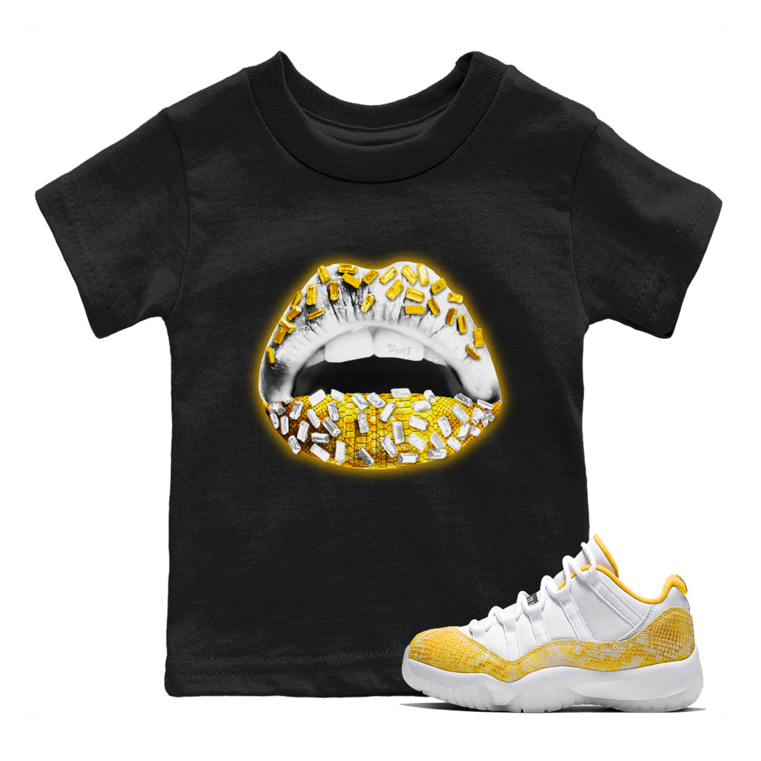 Jordan 11 Yellow Python Sneaker Matching T-Shirt Lips Jewel Sneaker Tees Jordan 11 Yellow Python Sneaker Release Tees Kids Shirts