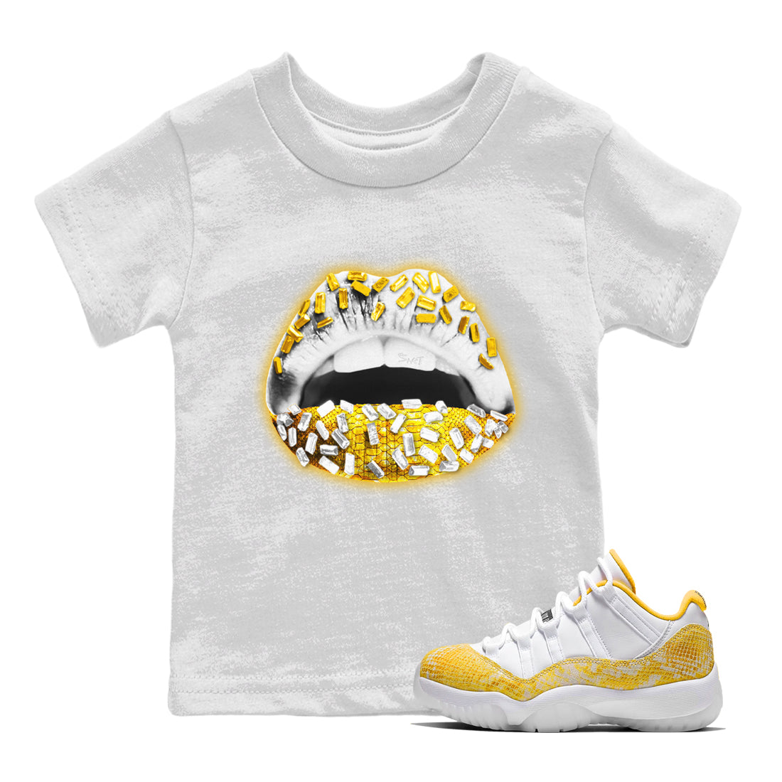 Jordan 11 Yellow Python Sneaker Matching T-Shirt Lips Jewel Sneaker Tees Jordan 11 Yellow Python Sneaker Release Tees Kids Shirts
