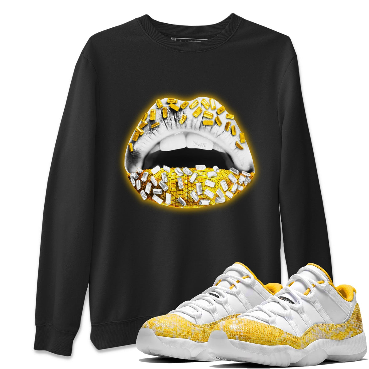 Jordan 11 Yellow Python Sneaker Matching T-Shirt Lips Jewel Sneaker Tees Jordan 11 Yellow Python Sneaker Release Tees Crew Neck Tees