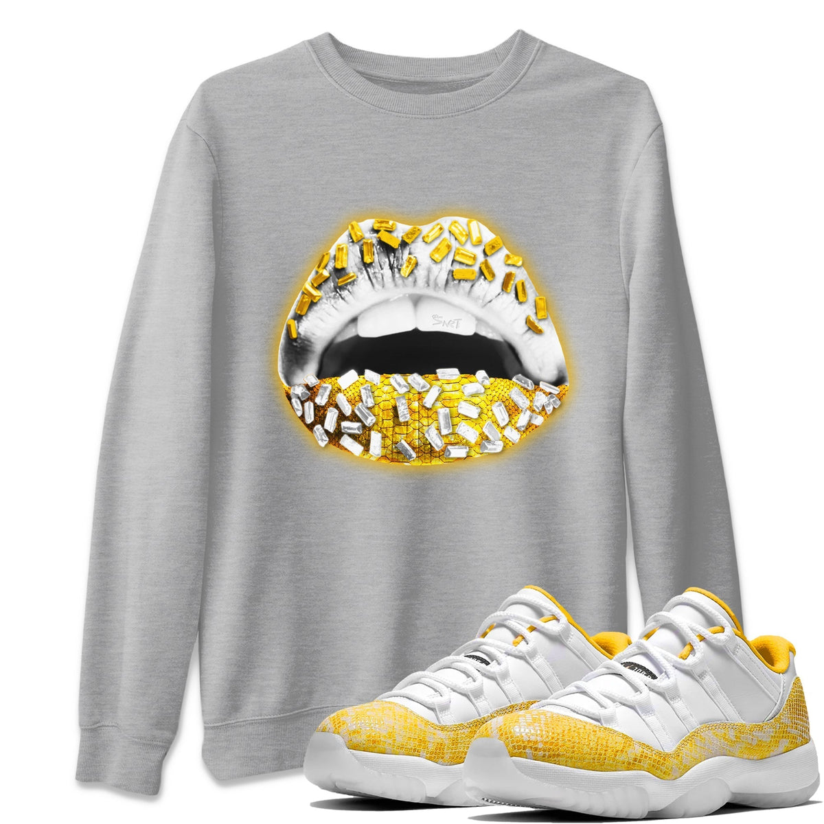 Jordan 11 Yellow Python Sneaker Matching T-Shirt Lips Jewel Sneaker Tees Jordan 11 Yellow Python Sneaker Release Tees Crew Neck Tees