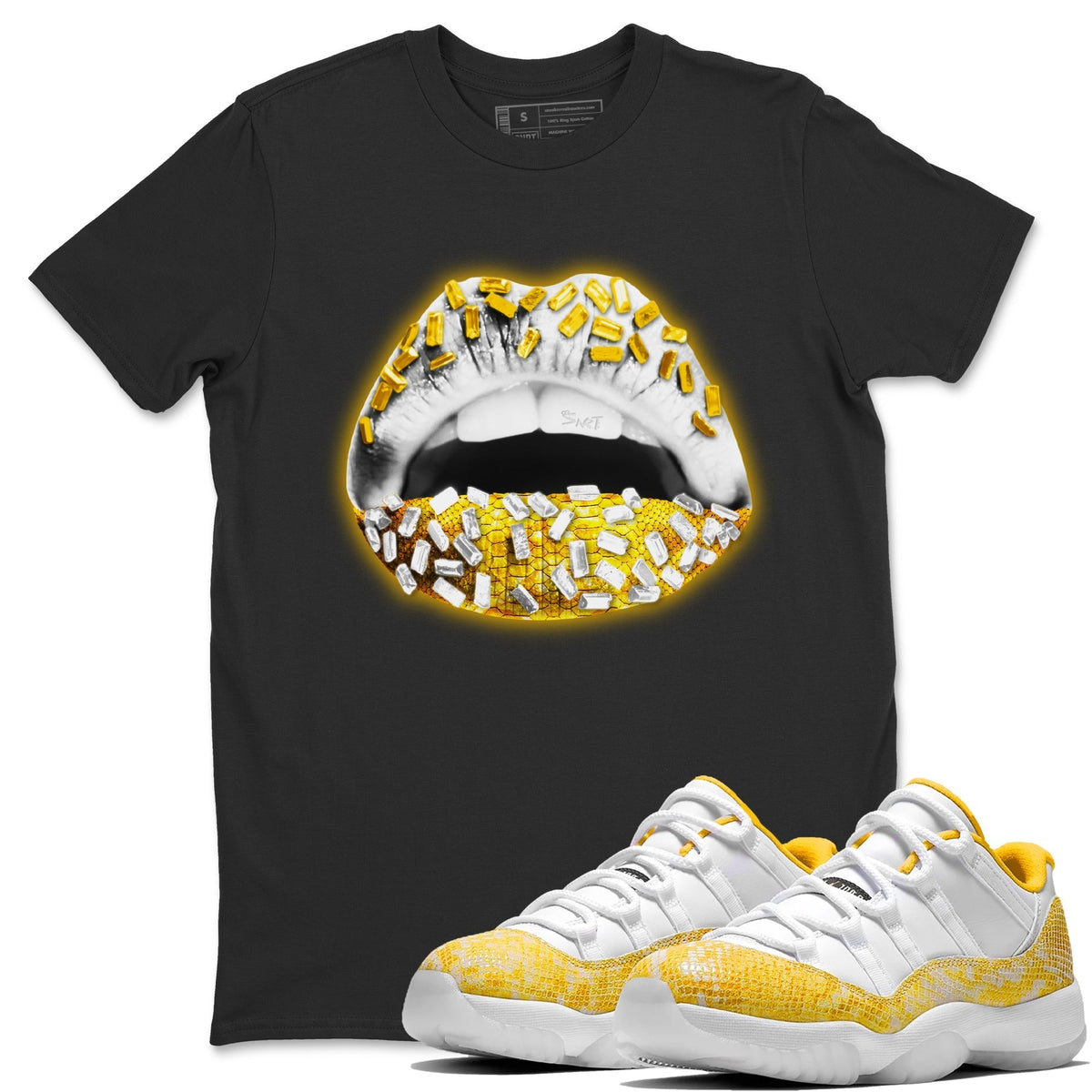 Jordan 11 Yellow Python Sneaker Matching T-Shirt Lips Jewel Sneaker Tees Jordan 11 Yellow Python Sneaker Release Tees Crew Neck Tees